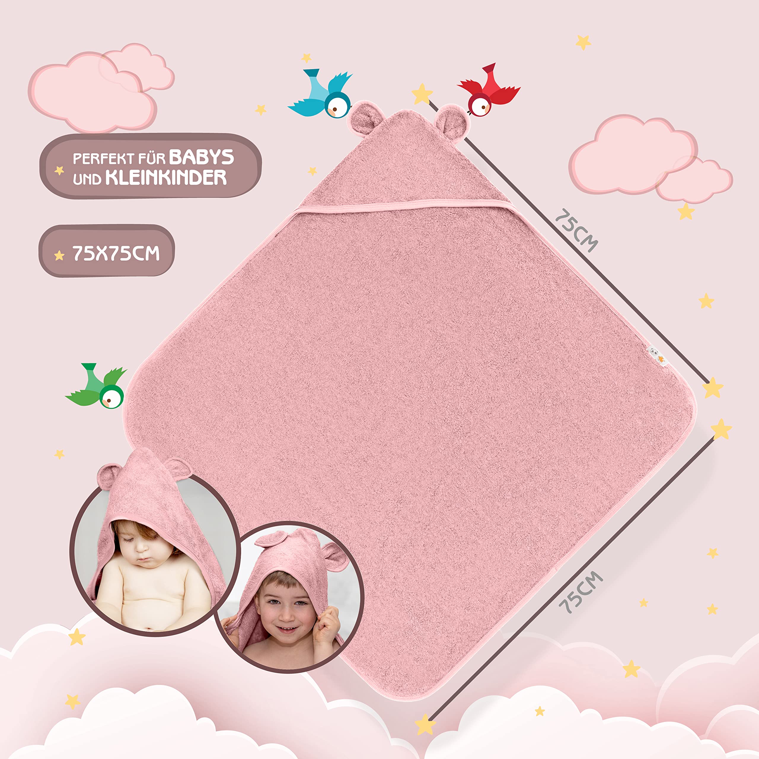 FUCHSUNDPANDA ® Asciugamano con cappuccio per bambini EXTRA spesso, caldo e morbido | 75x75cm Asciugamano per bambini con cappuccio (100% bambù) | Asciugamano per bambini con cappuccio con fantastica