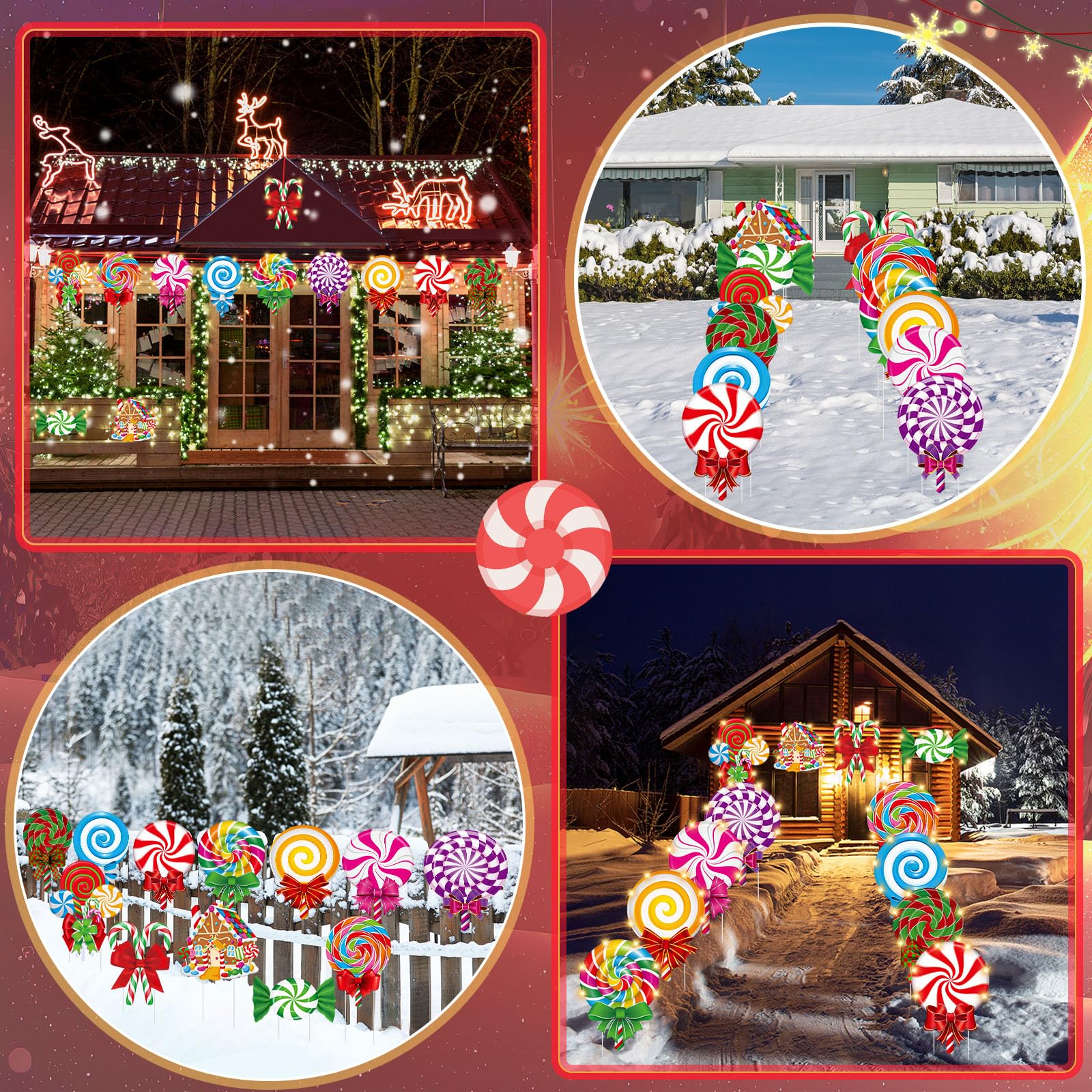 Blosssound Lot de 12 panneaux lumineux de Noël avec piquets et lumières LED - Sucettes de Noël à la menthe poivrée - Décoration d'extérieur pour Noël, vacances, extérieur, pelouse, jardin, allée