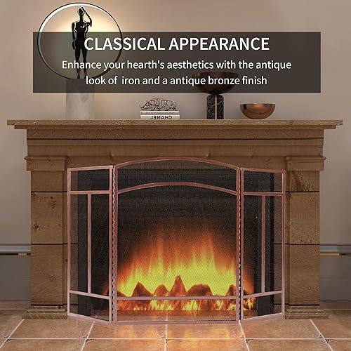 Miniatura 9 de Fire Beauty Pantalla para chimenea de 3 paneles de hierro forjado de 48 pulgadas de largo x 29 pulgadas de alto, cubierta de protección contra