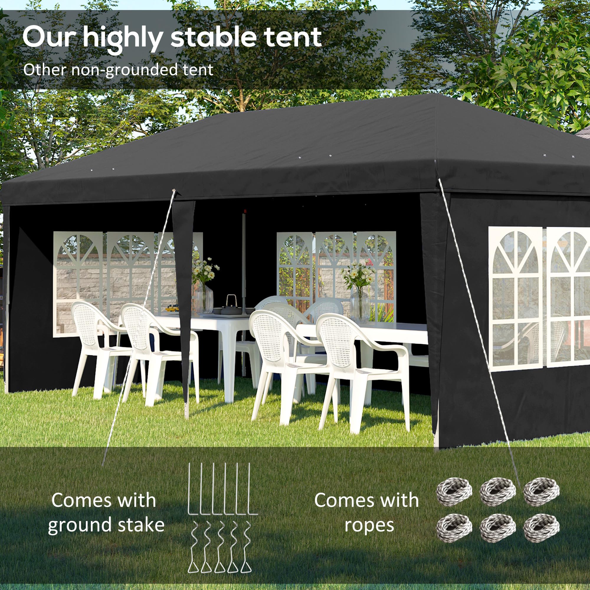 Outsunny Gazebo Pop-up 3x6m Altura Ajustable Paredes Laterales Negro