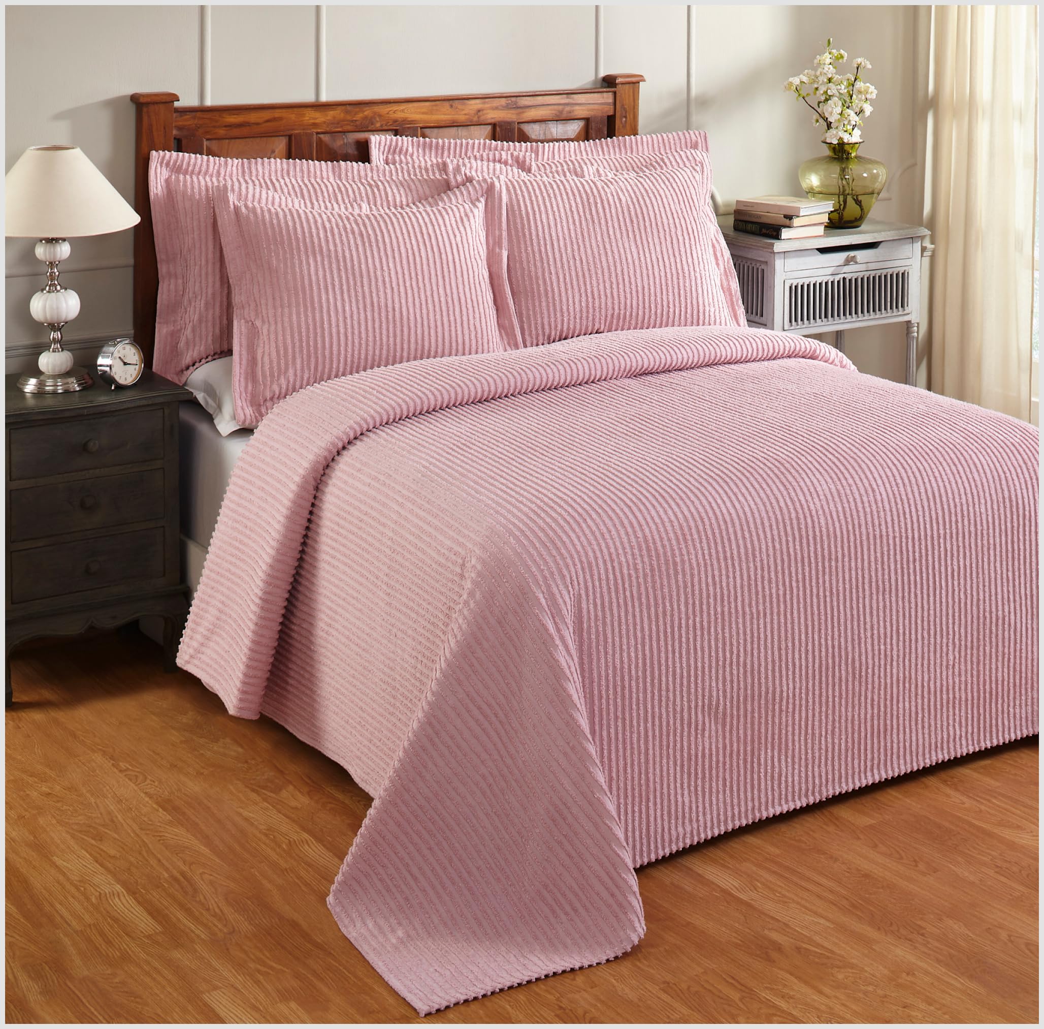Better Trends Chenille Bedspreads King Size, Pink 100% Cotton Chenille Stripe Design Tufted Bedding Coverlet Soft Lightweight, 120"x110" 1 Piece Jullian Collection