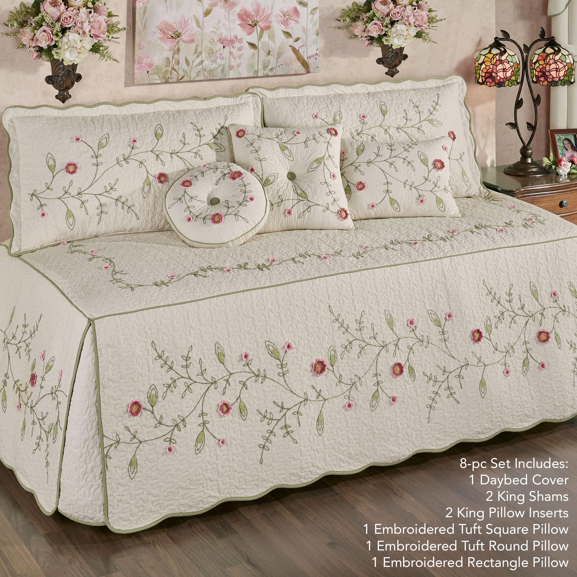 Posy Cottage Garden Bedding | Chain Stitch Embroidery, Crochet, & Quilting Fiber Art | 8 Pc Bed Set with Daybed Cover, 2 King Shams, 2 King Pillow Inserts, & 3 Accent Pillows | Also Fits Twin XL Beds