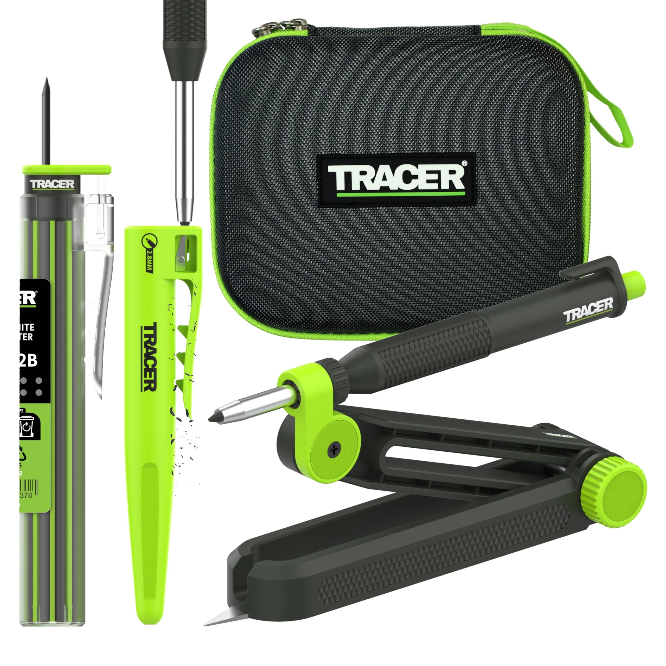 TRACER Truescribe - Herramienta de escritura con lápiz trazador 2.0, estuche de almacenamiento y 12 minas para lápiz. Herramienta de trazado para carpintería y más
