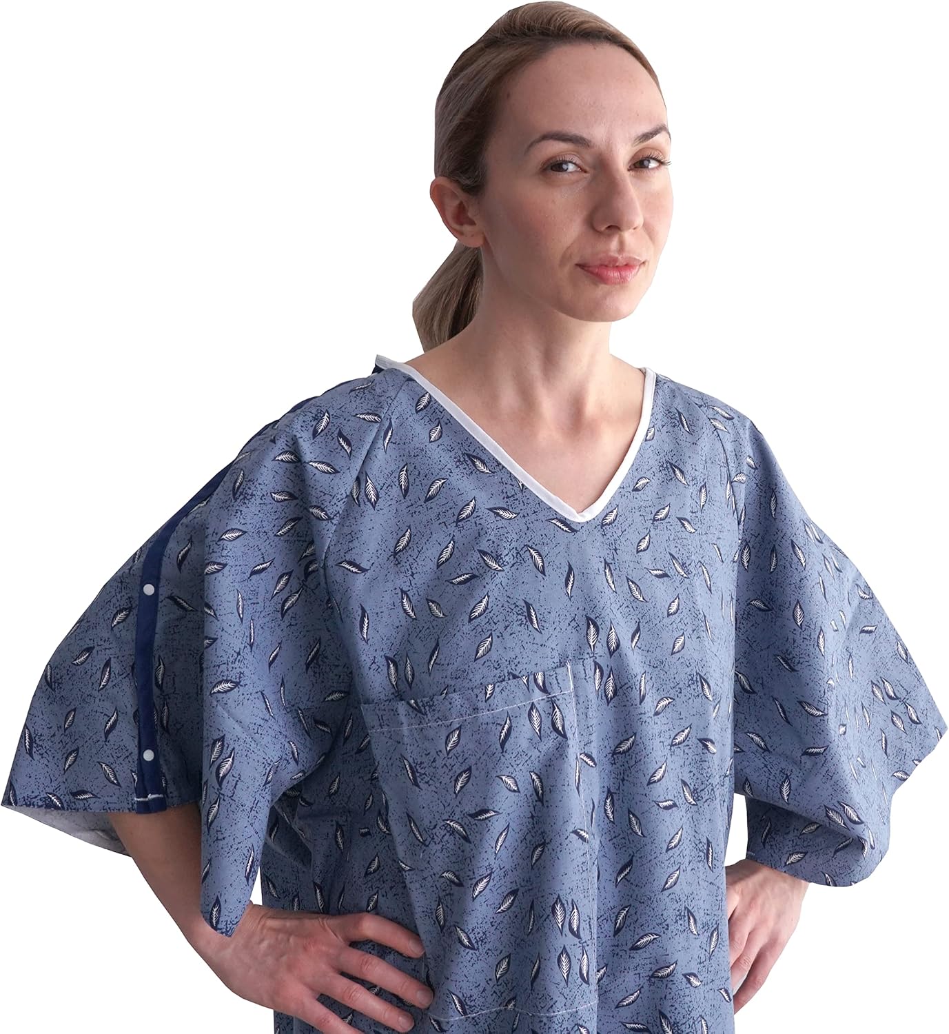 AMU Solutions 3 PK 3XL Hospital Gown – Blue Leaf Print V-Neck Unisex Patient Robe with Steel IV Shoulder Snaps Fits Men to 2XL & Women to 3XL - Image 3