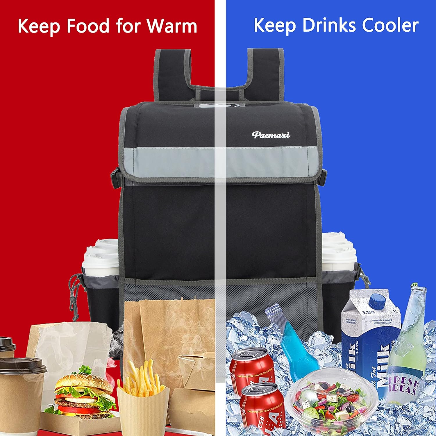 PACMAXI Food Delivery Backpack, Insulated Food Delivery Bag with 6 Cup Holder, Reusable Food Delivery Bag with Reflective Straps(Black) - Image 5