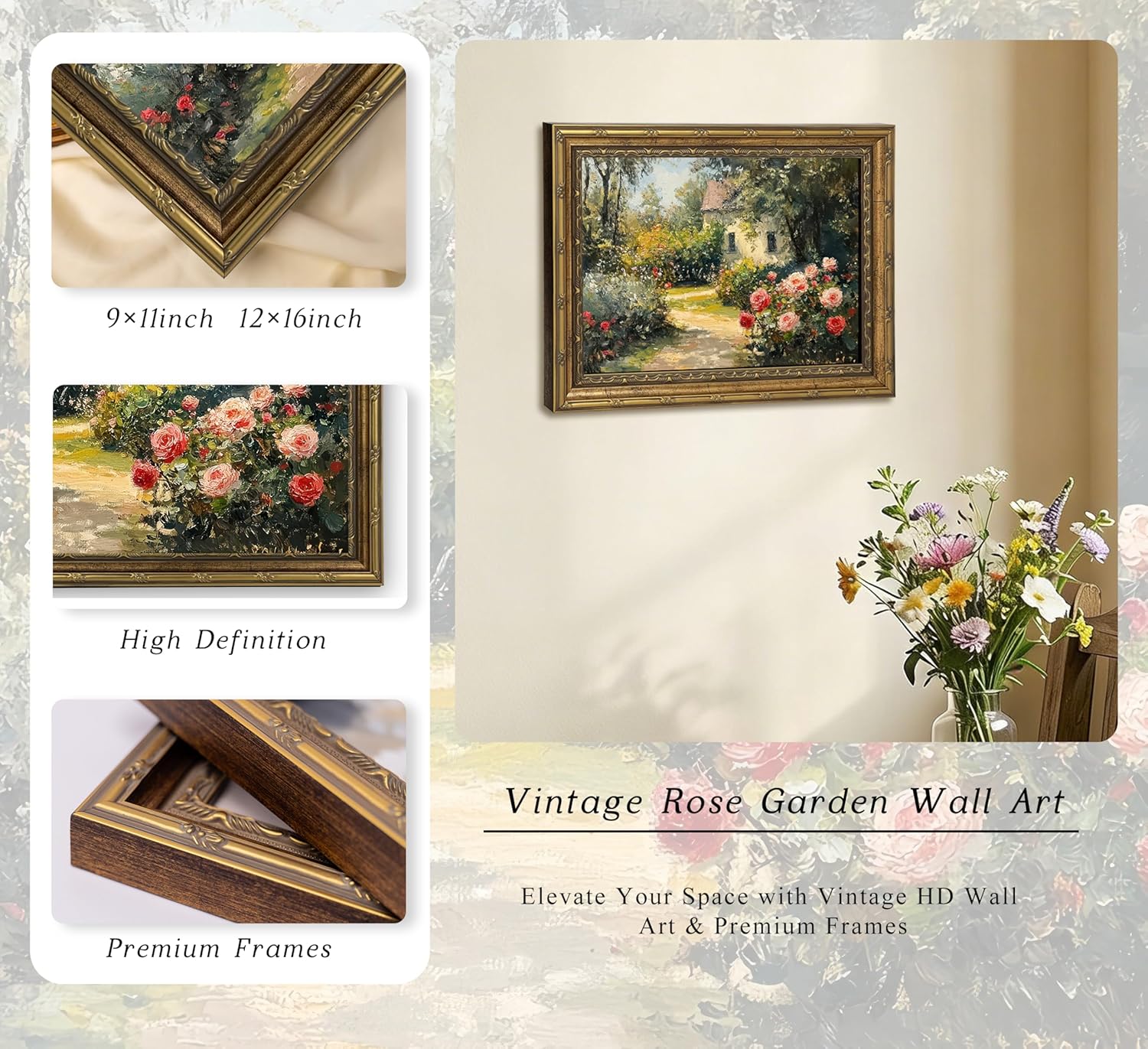 Gold Framed Vintage Rose Garden Canvas Wall Art English Cottage Floral Landscape Painting Picture Wall Decor Nature Rustic Farmhouse Poster Print Artwork for Living Room Bedroom Dorm Bathroom 12x16in