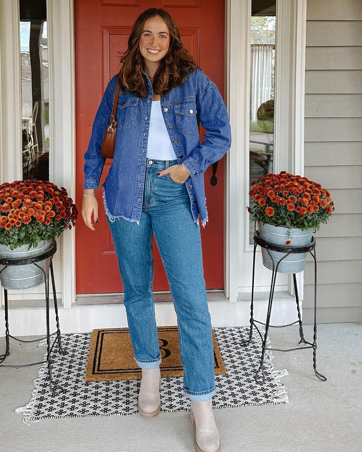 luvamia Denim Jacket for Women Oversized Button Down Casual Jean Shacket Jackets Long Sleeve Frayed Hem Western Trendy - Image 5