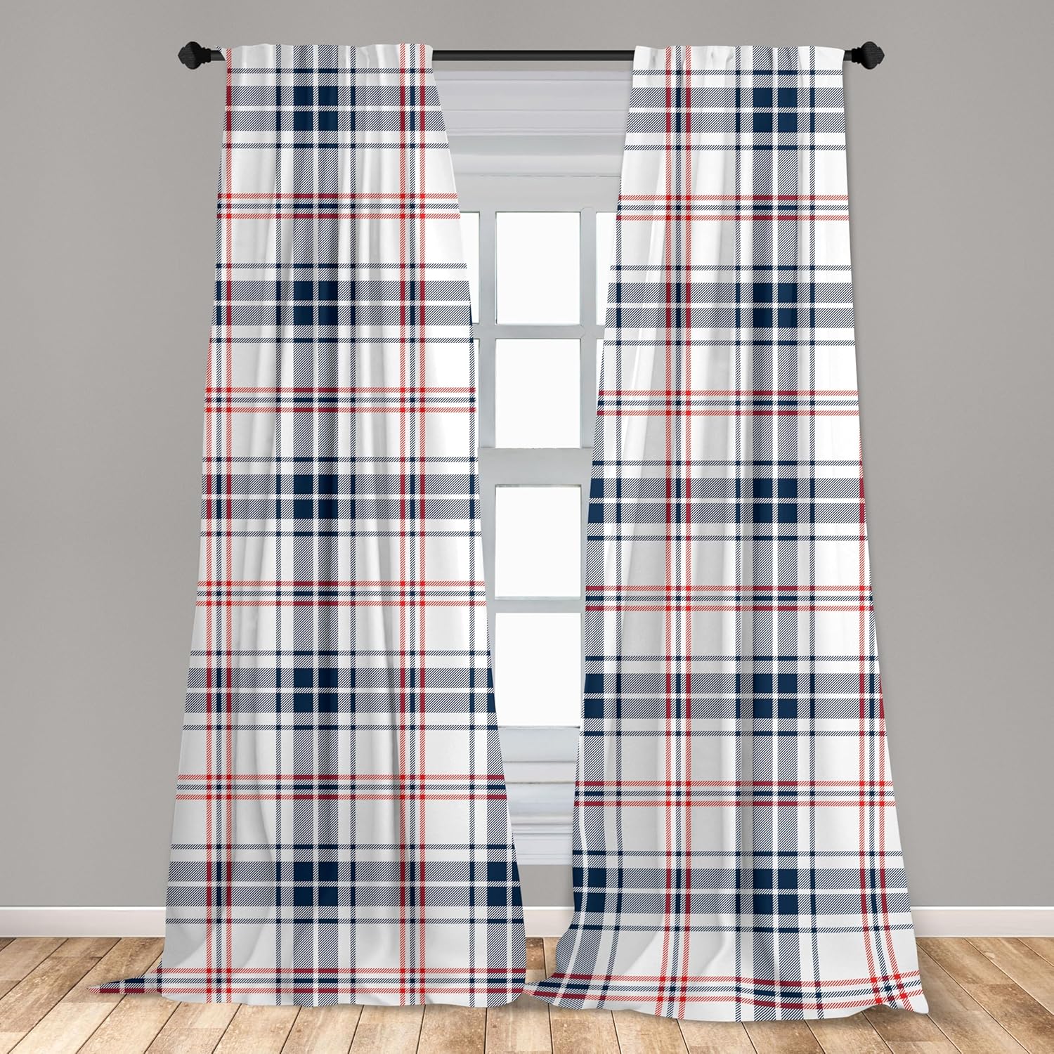 Ambesonne Plaid Curtains, Traditional Checkered British Country Pattern with Geometric Design, Window Treatments 2 Panel Set for Living Room Bedroom, Pair of - 28" x 84", Vermilion Navy
