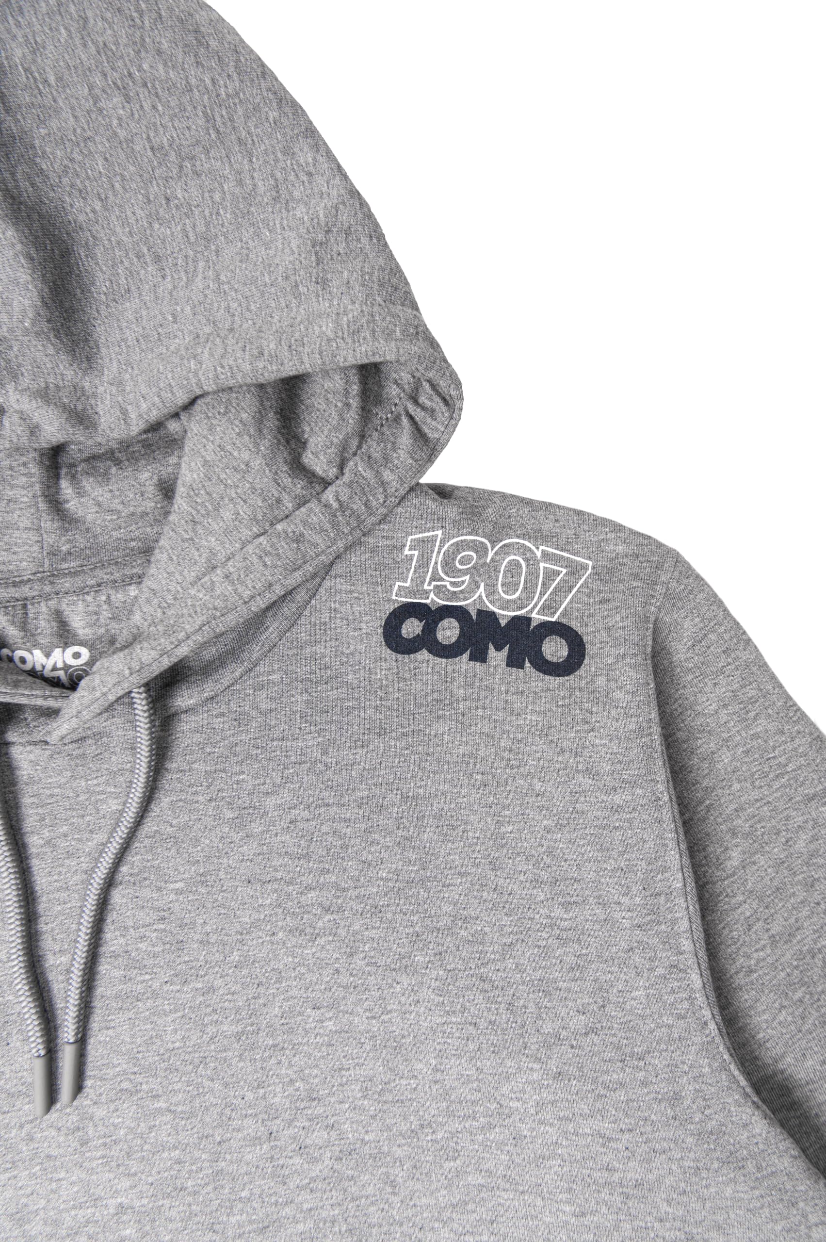 COMO 1907 - Felpa con Cappuccio - Colore Grigio Melange - con tascone Centrale - Ricamo Davanti a Spalla Sinistra - 100% Cotone - Made in Italy