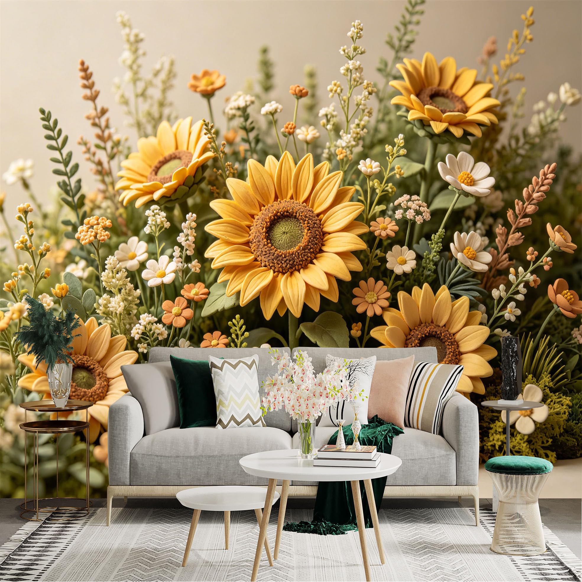 Lnzczhyre Dbh260521640 Custom Size Wall Sticker Mural， Vibrant Sunflowers With Wildflowers， Botanical Garden Aesthetic， Rustic Farmhouse Decor， For Wall Decoration， Peelandstick Wall Decals.