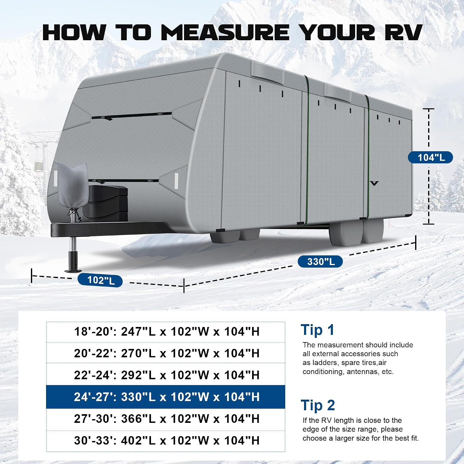 Richeer 300D Travel Trailer RV Cover, 24'-27' Wind Watertight Rip-Stop UV Resistant Travel Trailer Camper Vehicle Cover with Storage Bag Jack Cover Tire Cover Reflective Tape