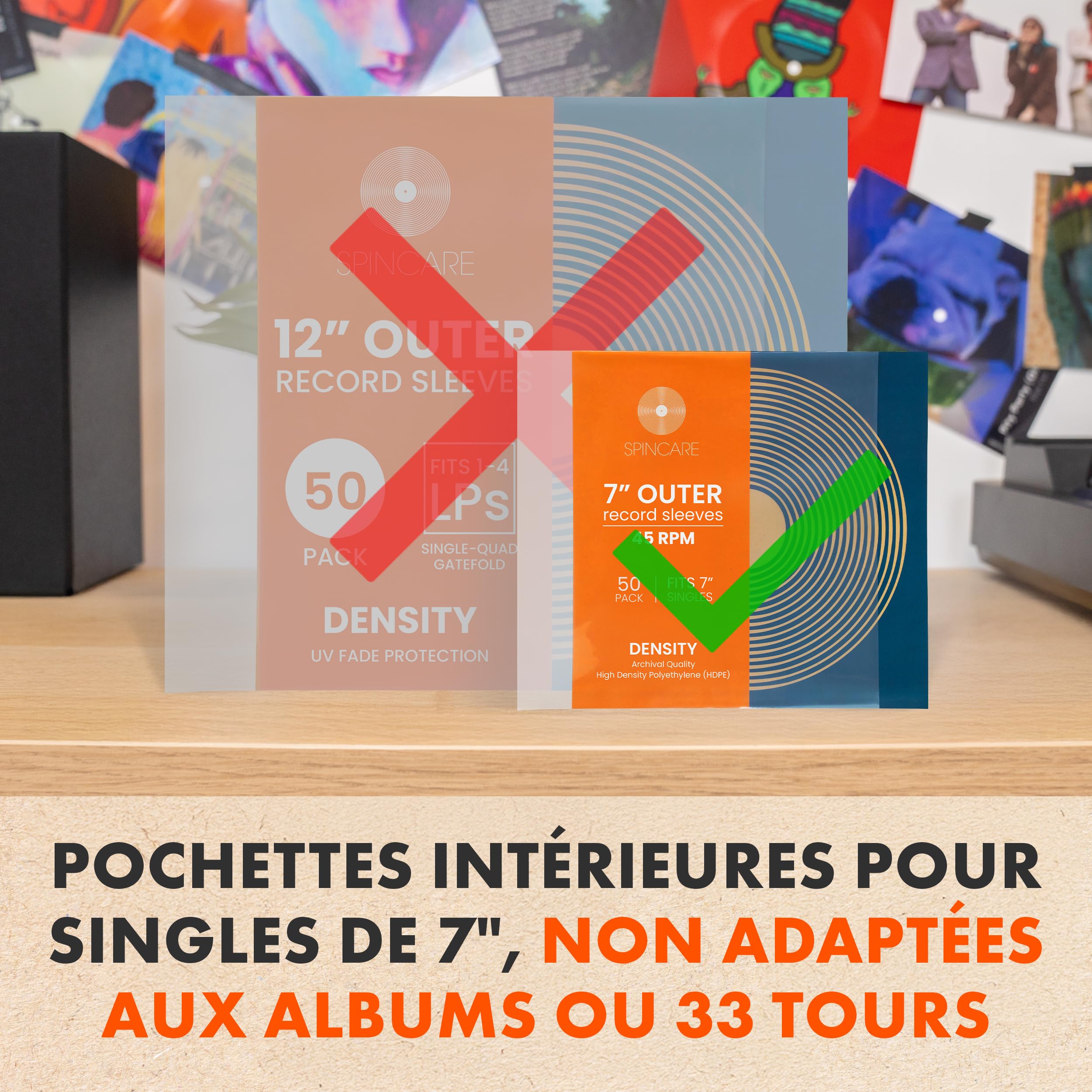 Spincare 50x 7 Pouces Pochettes extérieures Vinyle 45 Tours Protection UV Pochette Plastique Vinyle résistante qualité archivage pour disques 7”