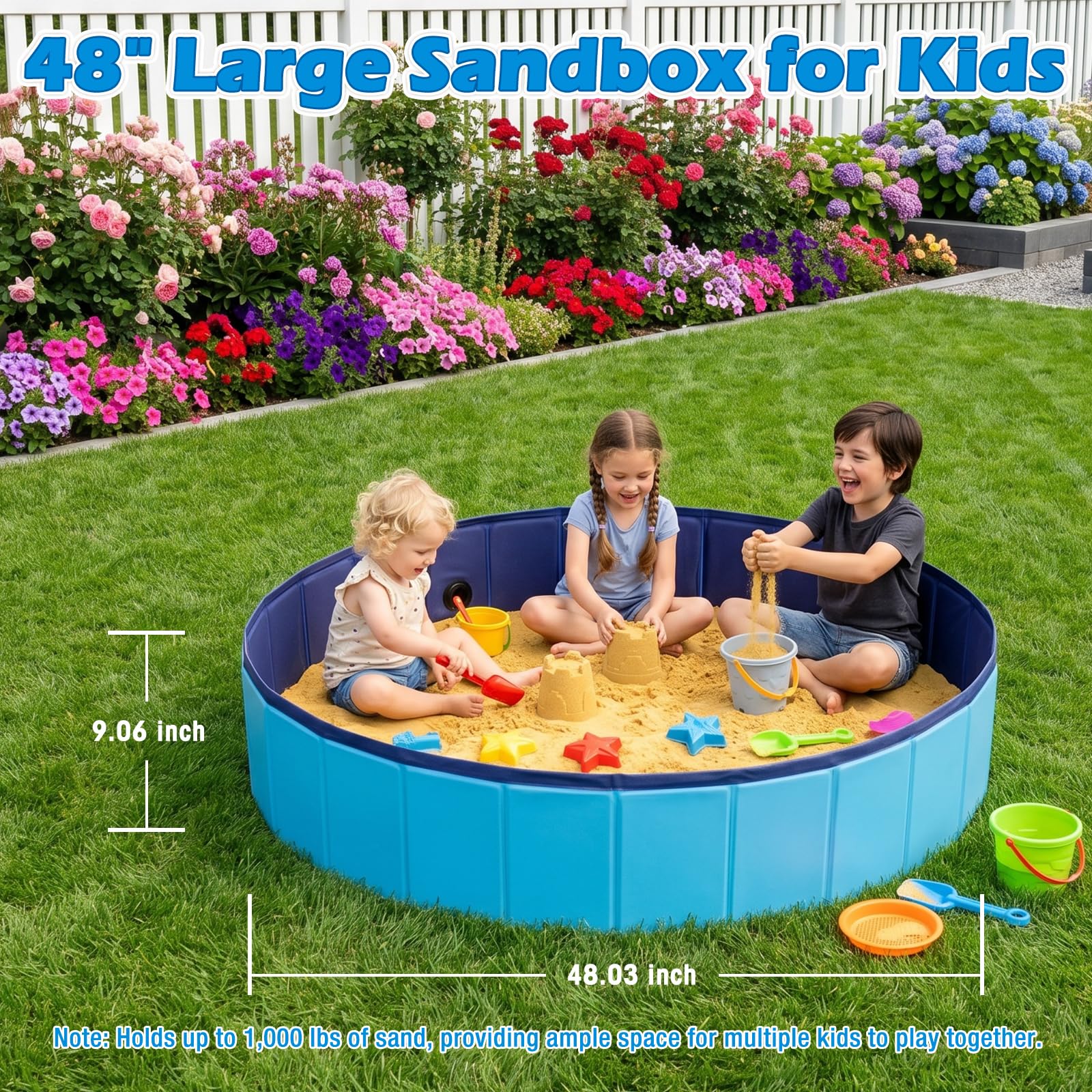 Faltbarer Sandkasten für Kinder, groß, 121,9 x 121,9 cm, Sandkasten-Spielzeug für Kinder im Alter von 3–8 Jahren, tragbarer Outdoor- und Indoor-Sandkasten für Hinterhof, Balkon, Strand, Camping