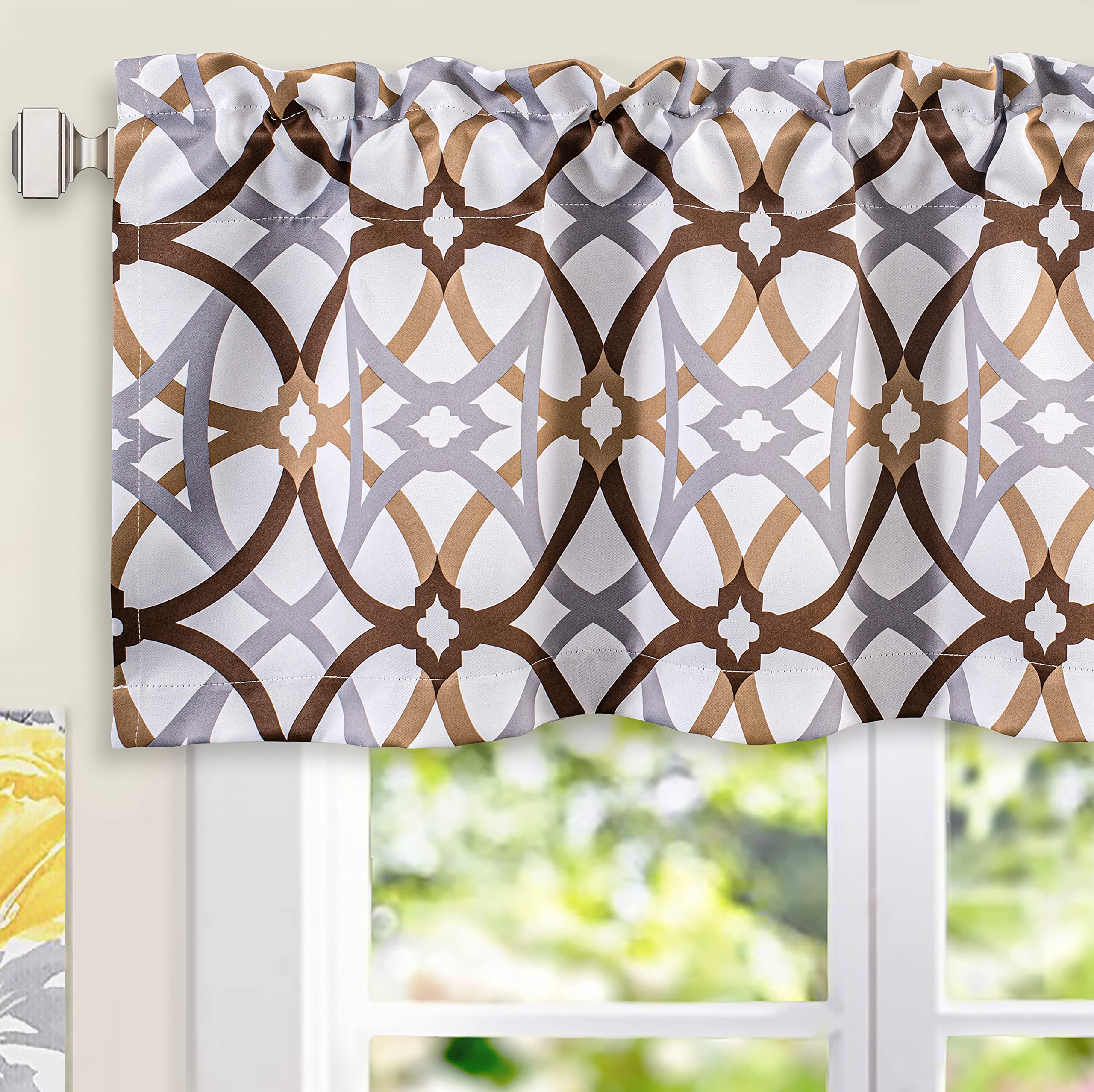 DriftAwayAlexander Pattern Match Blackout Valances for Windows 250GSM Geometric Moroccan Mid Century Rod Pocket 52 Inch by 18 Inch Plus 2 Inch Header Brown 1 Pack
