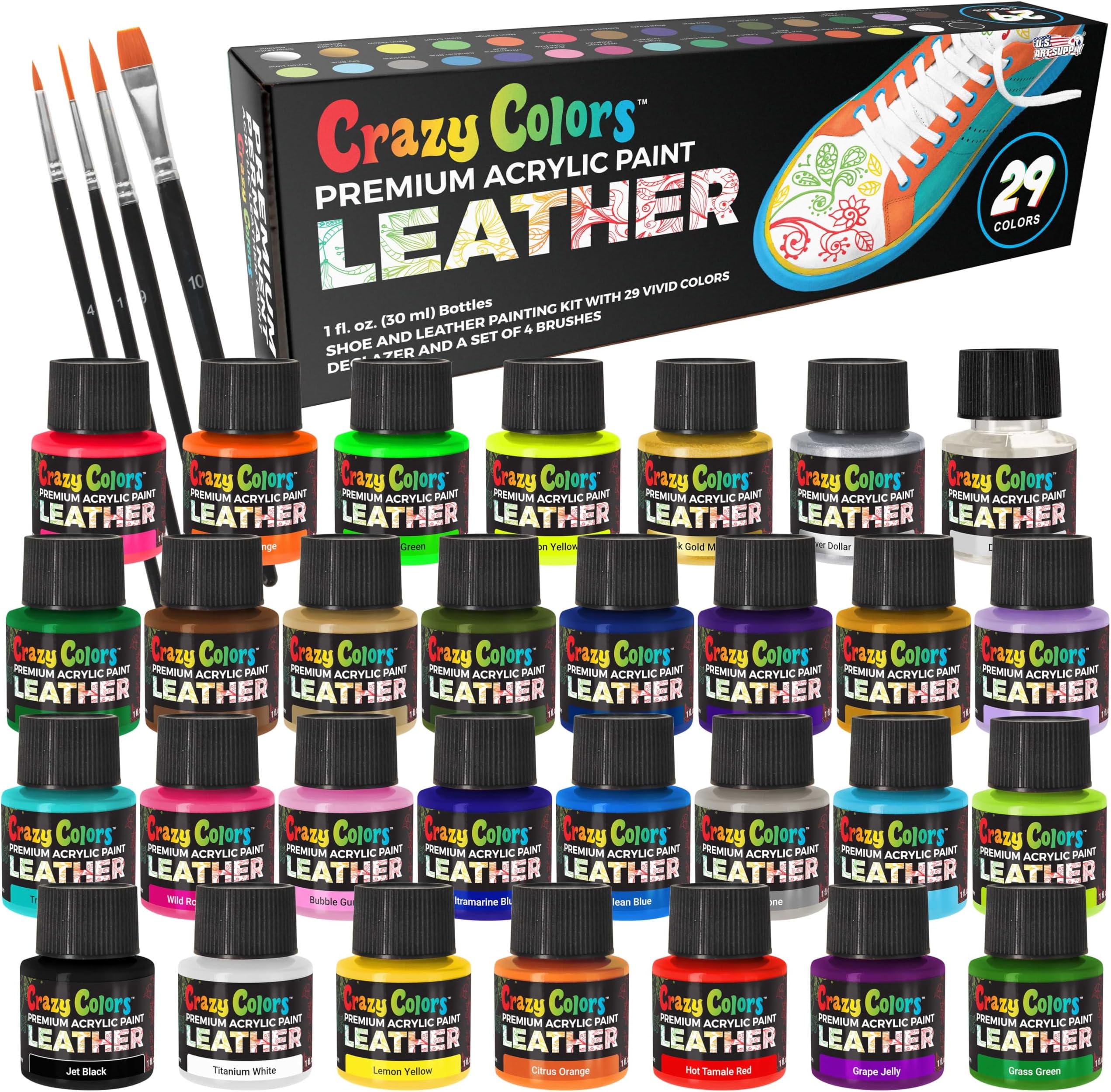 Crazy Colors Premium Acrylic Leather and Shoe Paint Kit, 29 Colors, Deglazer, 4-Piece Brush Set - 1 oz Bottles, Opaque, Metallic, Neon - Flexible, Scratch Resistant - Sneakers, Jackets, Bags Purses