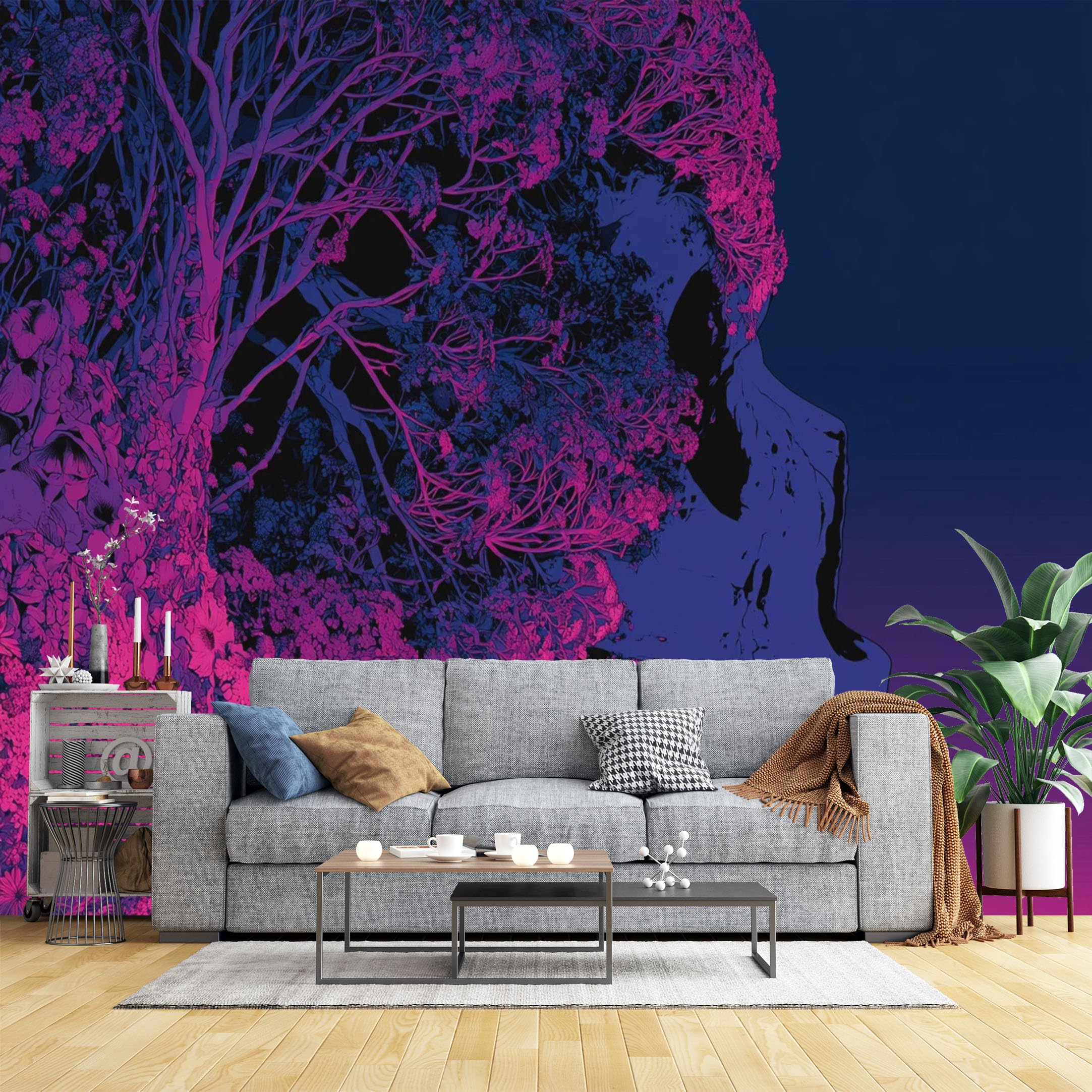 Custom Size Wall Murals Floral Skull Silhouette Wall Murals Psychedelic Art Wallpaper, Full Wall Self-Adhesive Removable Wallpaper for Bedroom