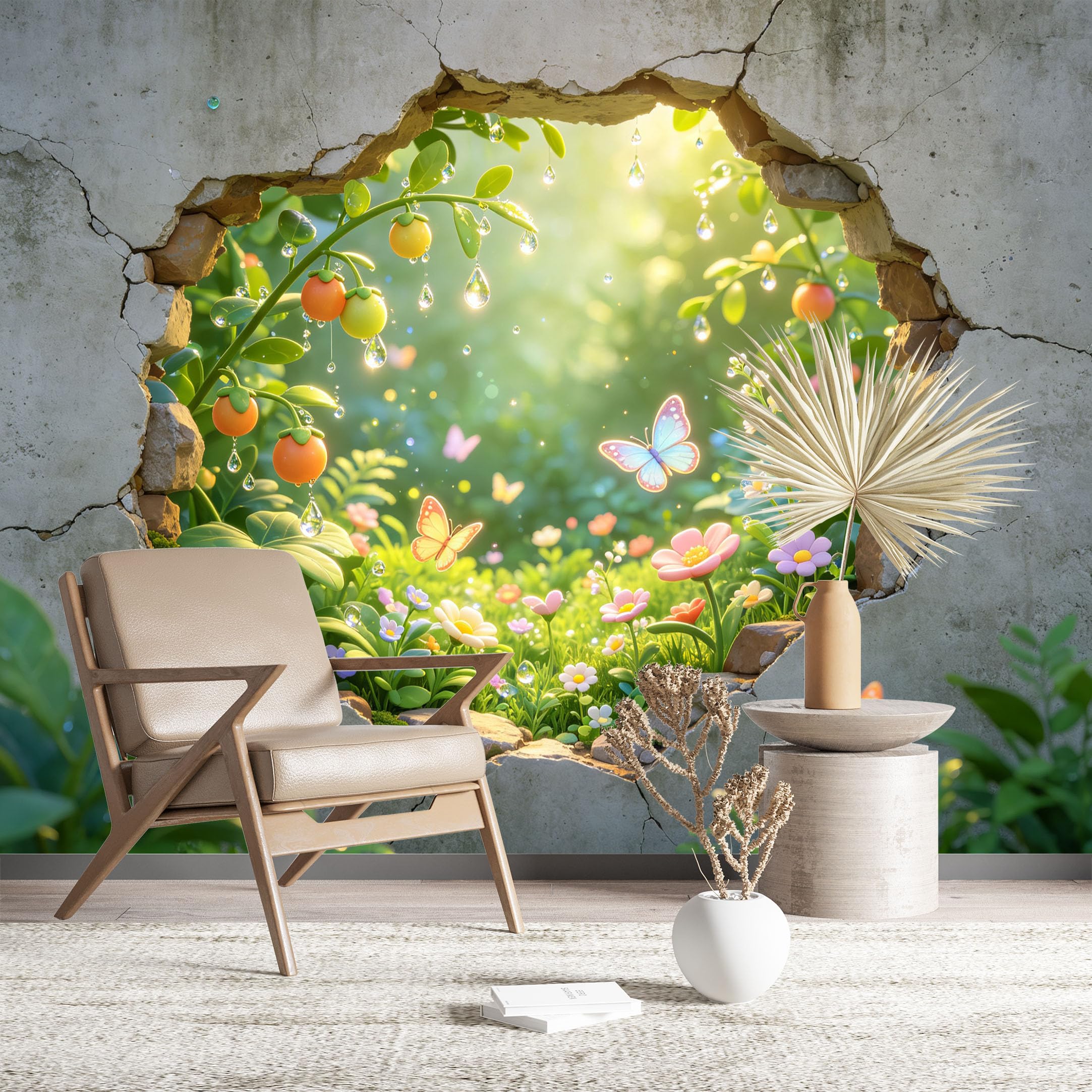 Custom Size Wall Murals Garden Through Cracked Wall Wall Murals Nature Wallpaper Wall Stickers Self-Adhesive Removable Wallpaper for Living Room Bedroom