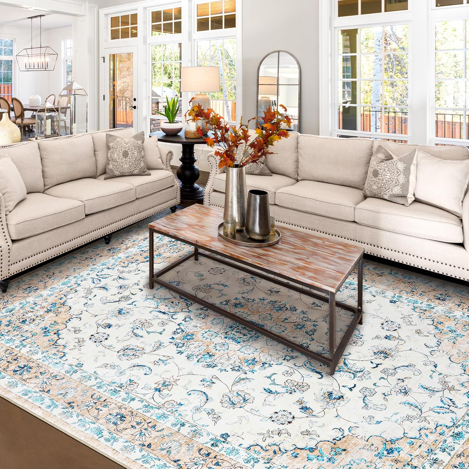 8x10 Area Rugs Washable Boho Rug, Non Slip Carpet for Living Room, Bedroom, Kitchen, Soft Low-Pile Rug, Lvory/Floral