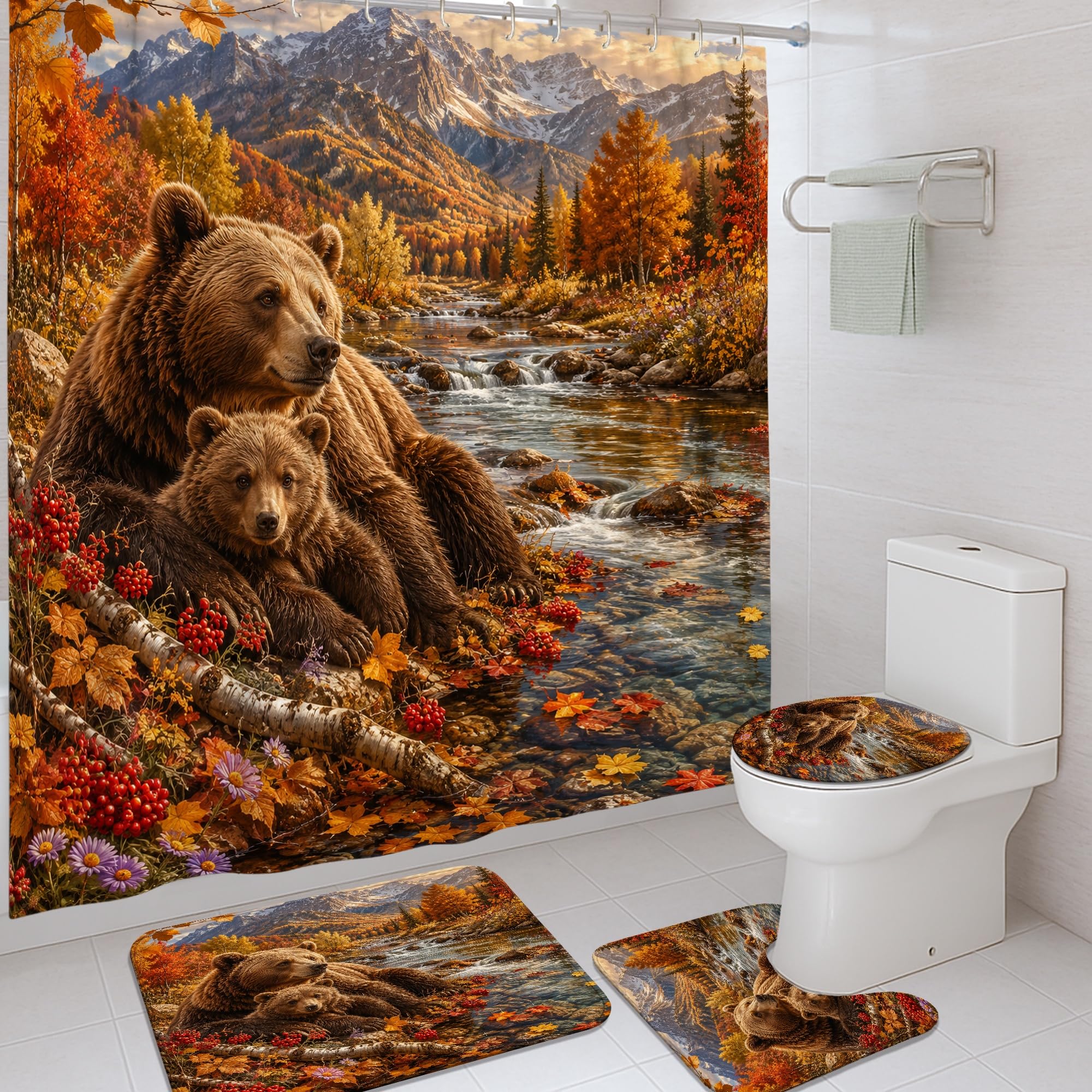 Rideau de douche ours et nature d'automne pour rafraîchir la déco de votre salle de bain 183x183