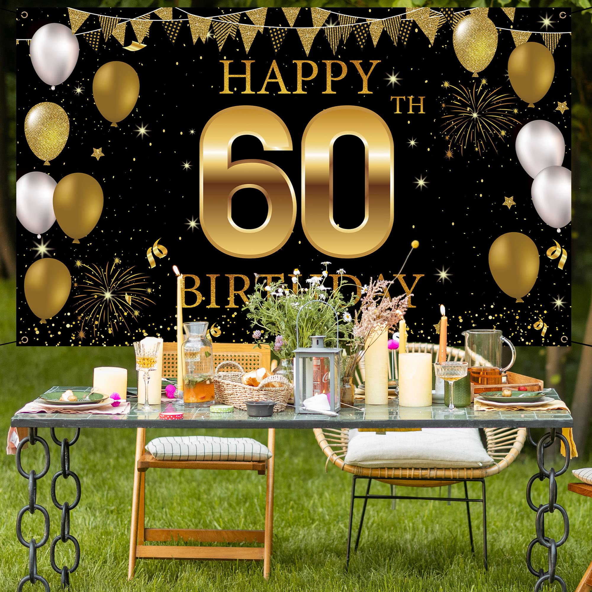 60th Birthday Party Decorations Kit – Black & Gold Vintage Banner & Hanging Swirls