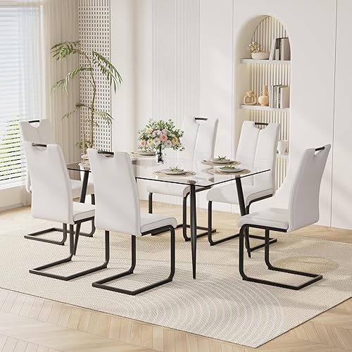 Miniatura 30 de Juego de mesa de comedor moderno de 51" de 7 piezas para 6, mesa rectangular de cristal con 6 sillas tapizadas en cuero, capacidad para 6 personas,