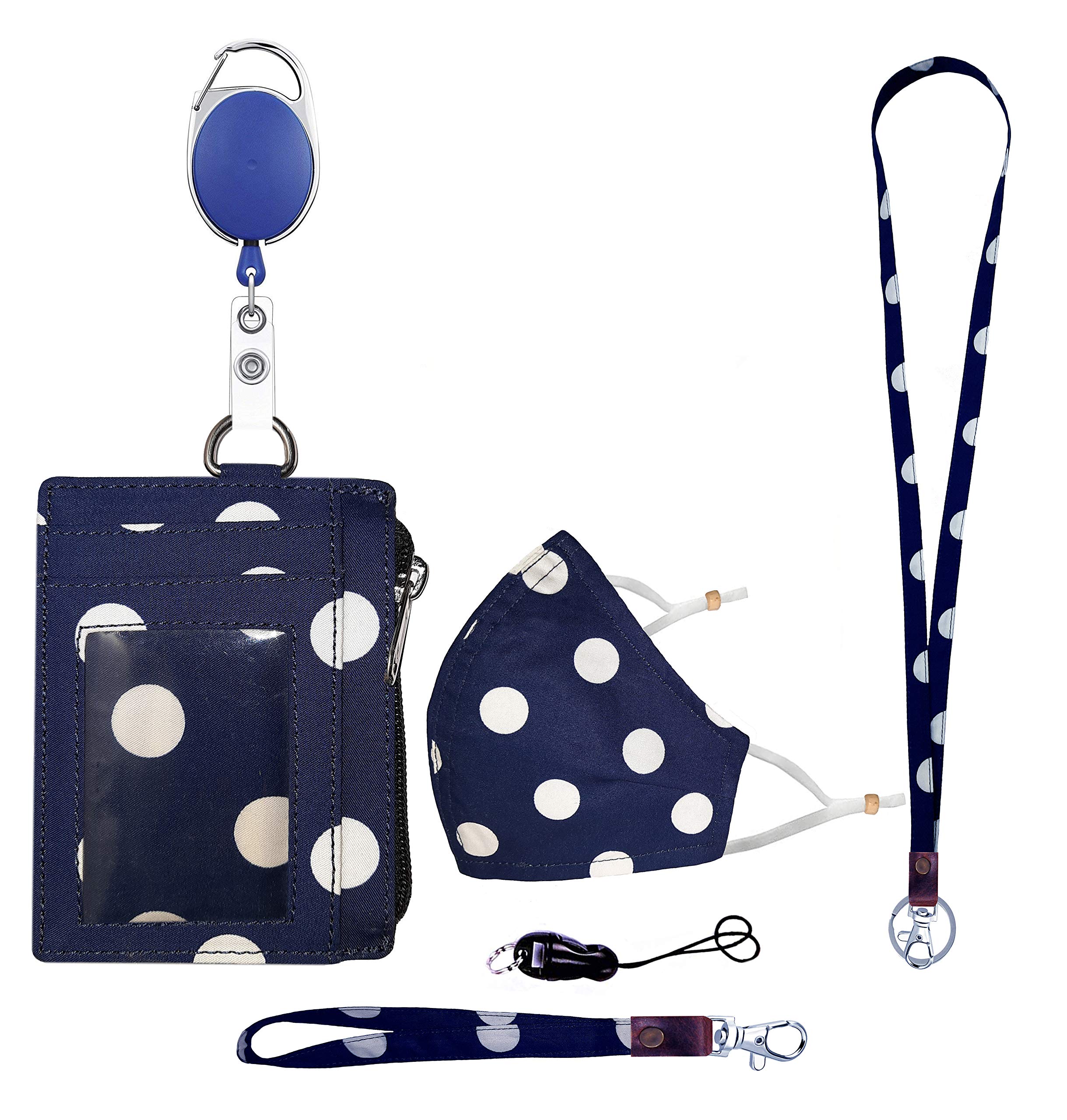 Zip ID Case, Lanyard & Wristlet, ID Badge Holder with Mask for Office and School (Blue Dots)