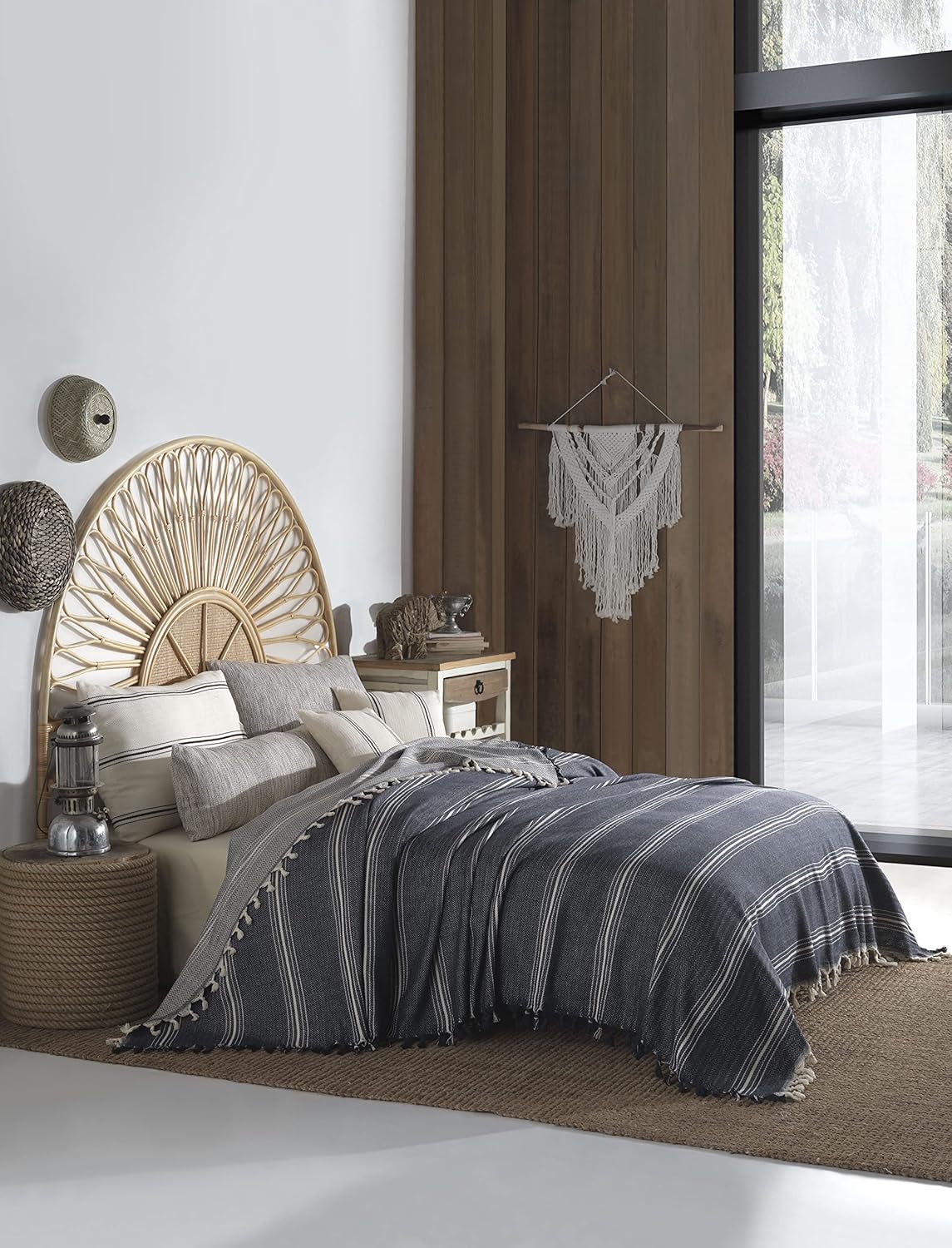 Handmade Navy Blue & French Stripes Pure Cotton Queen Blanket Coverlet with All-Around Fringes – Soft, Lightweight All-Season Bohemian Layering Throw (Navy Blue & French Stripes, 78'' x 95'')