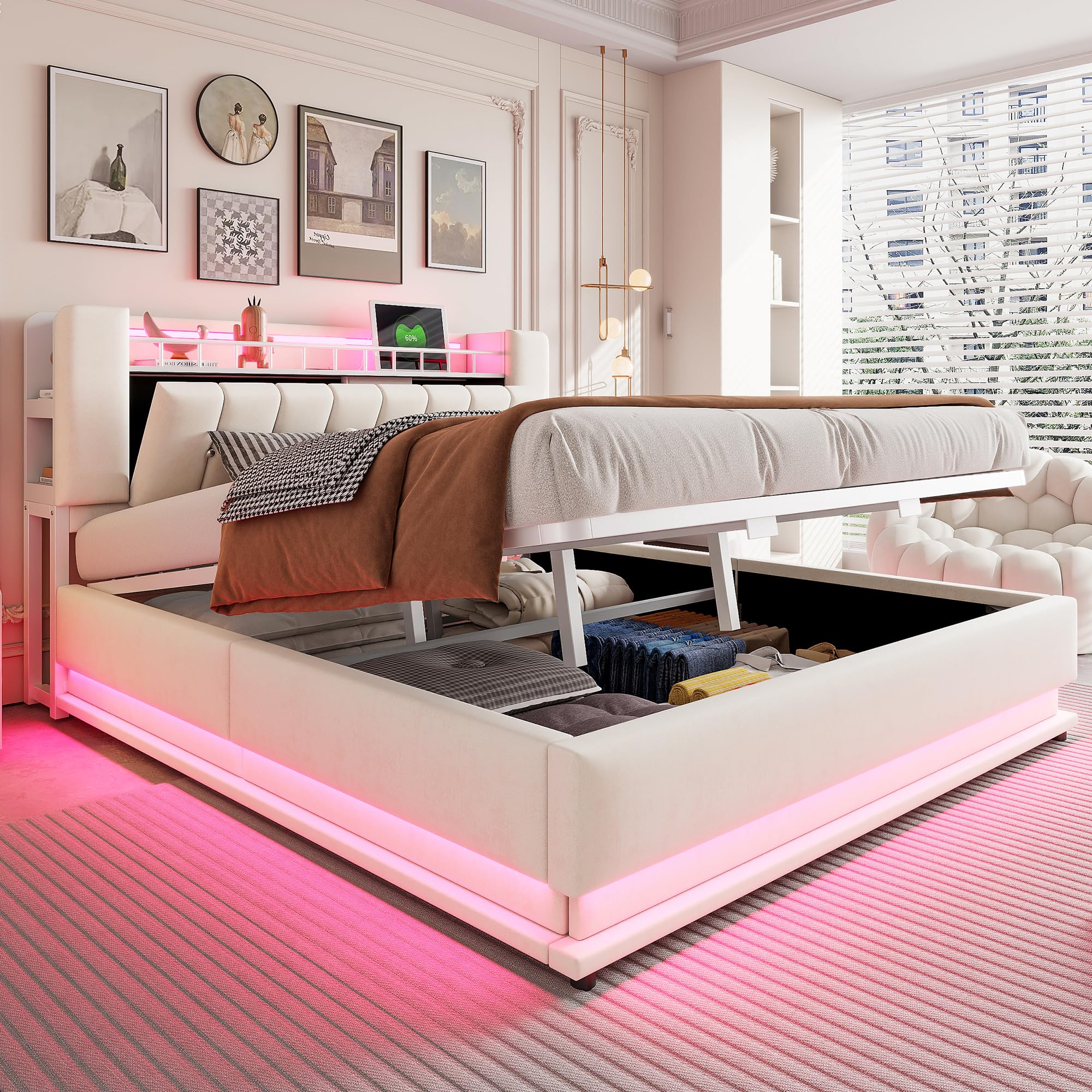 Letto imbottito intelligente con illuminazione a LED, spazio di archiviazione USB e idraulico, rivestimento in morbido velluto e telaio in metallo (beige, 180 x 200 cm)