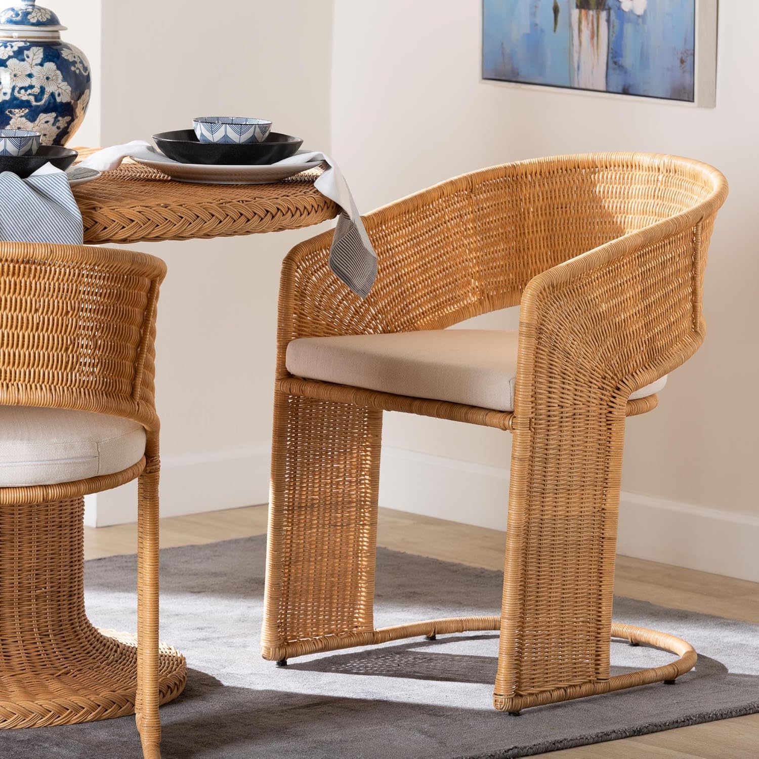 bali & pari Palm Metal-Framed Natural Rattan Dining Chair with Cushion – Handwoven Wicker Accent Chair