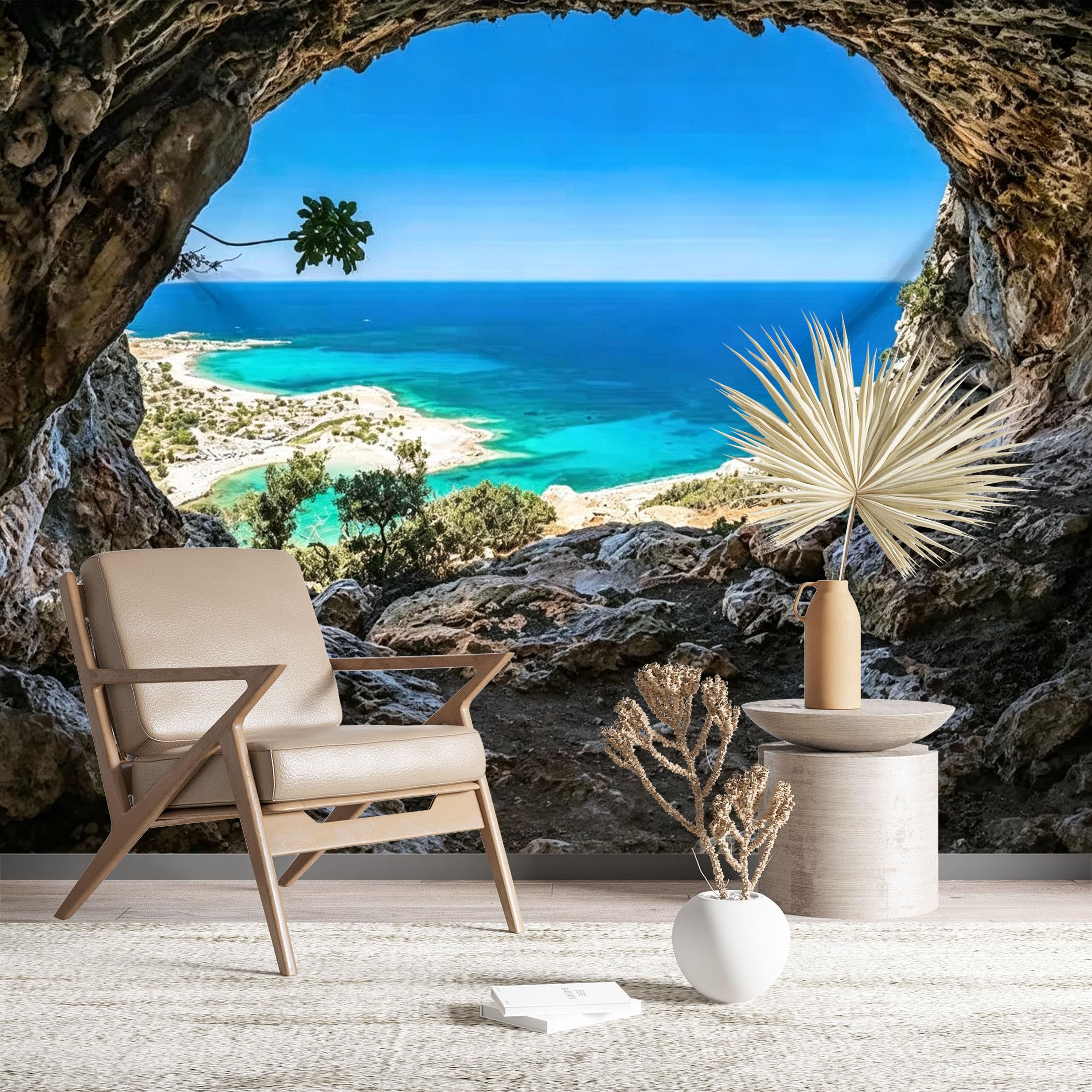 Custom Size Wall Murals Ocean View Through Cave Self-Adhesive Wall Fabric (NO PVC) Removable Wallpaper for Living Room Bedroom