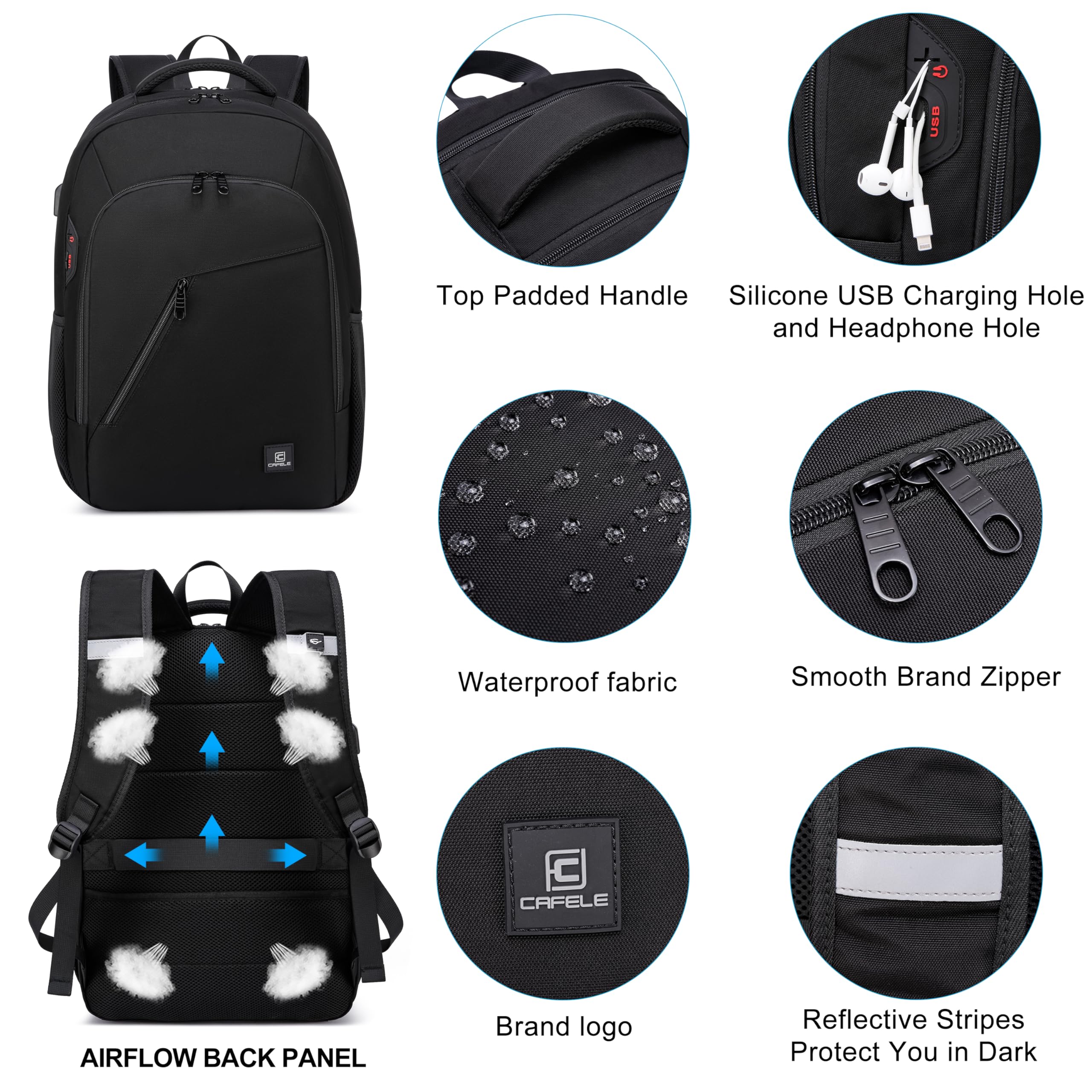 Cafele Mochila Unisex para Adultos y Adolescentes - Mochila Escolar con Puerto USB de Carga para Portátil 17,3 Pulgadas - Ideal para Trabajo, Universidad, Viajes - Negro