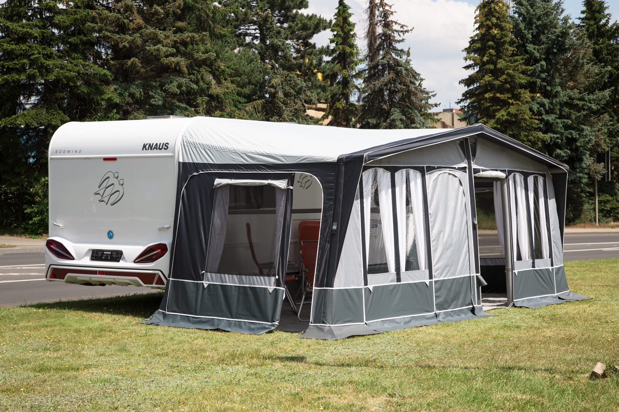 DWT Prime Air HQ mit 240cm Tiefe Wohnwagen Vorzelt, aufblasbar, Texolan 150 HQ, teilbare Vorderwand, Air-In-System, inkl. Höhen-Ausgleichs-Blocks