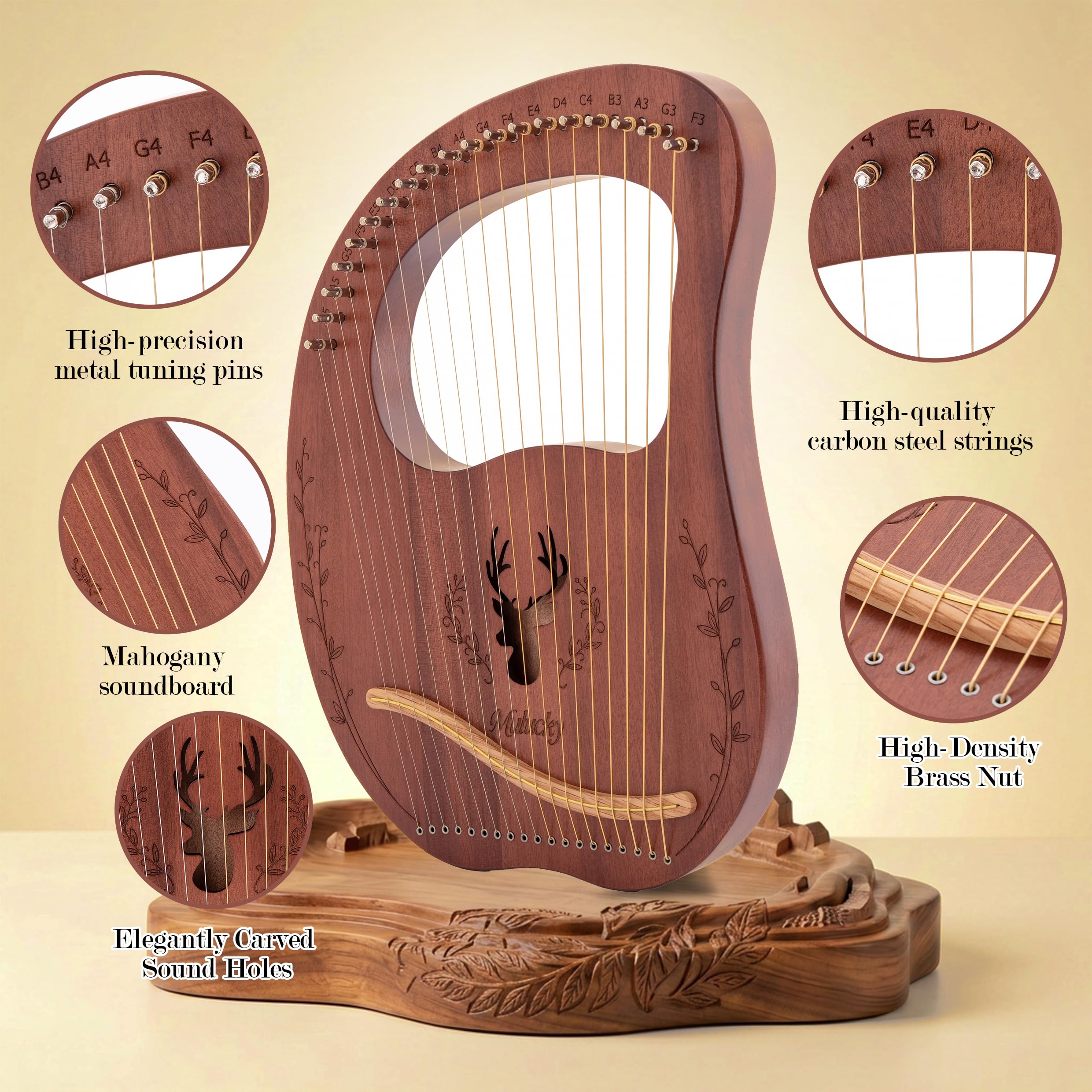 Mulucky Arpa de lira, kit de arpa de lira de caoba de 19 cuerdas, instrumentos musicales de cuerda con bolsa de llave de afinación, cuerdas adicionales para principiantes y adultos