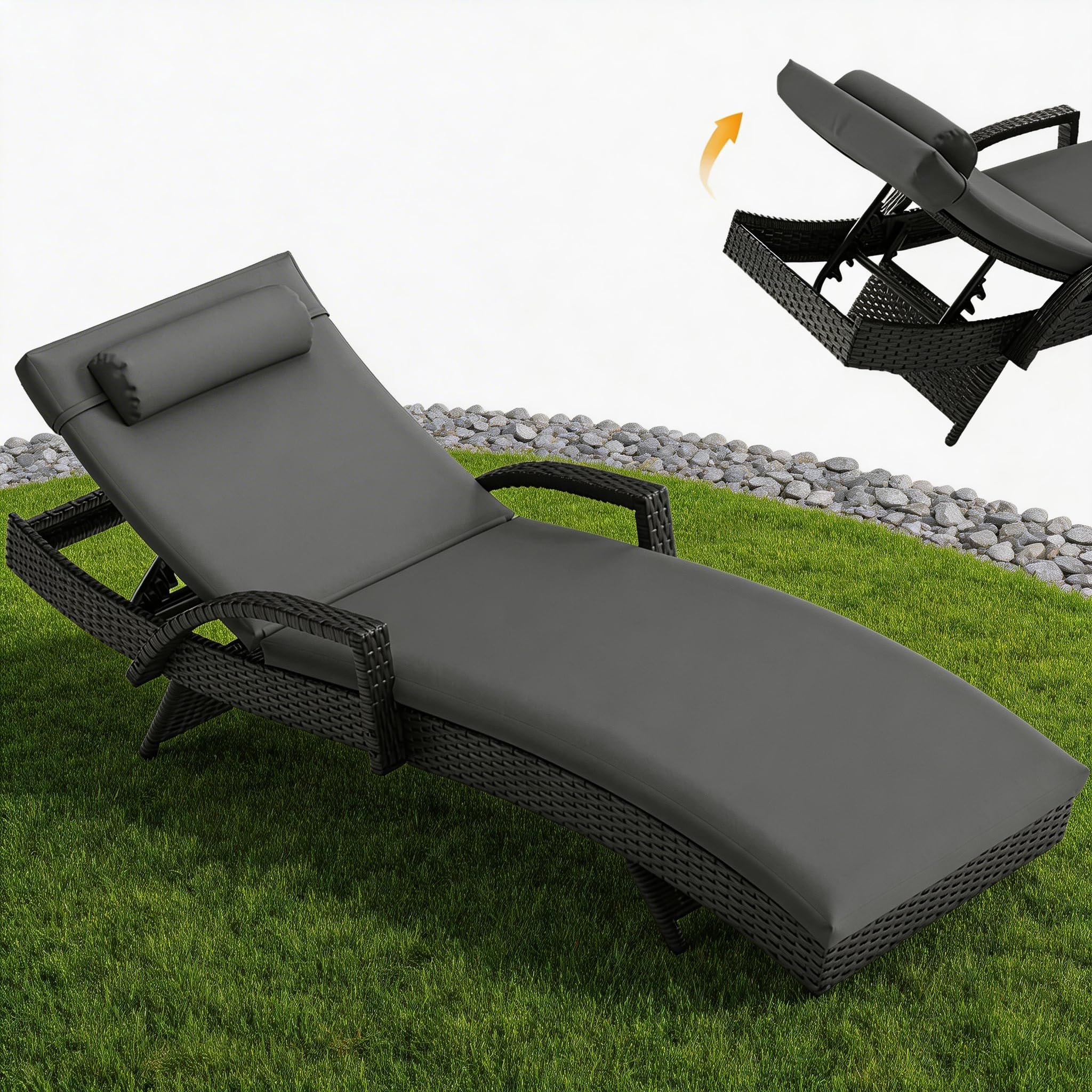 UDPATIO Polyrattan Sonnenliege, 5-Fach Verstellbarer Rückenlehne Gartenliege, Wetterfest Rattanliege mit Polsterauflage & Kopfkissen für Garten, Balkon und Terrasse - Schwarz & Grau Bezüge