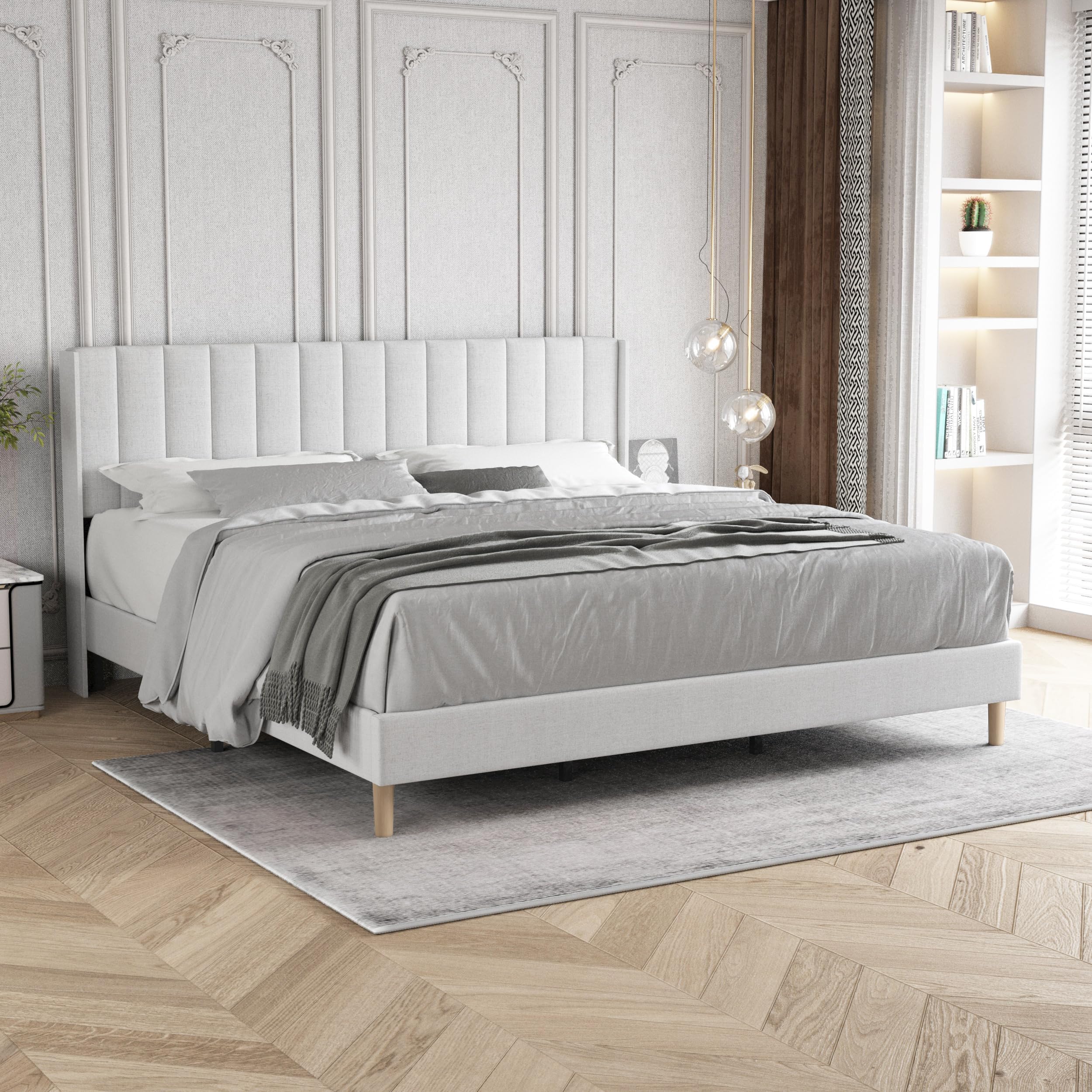 Zoophyter Upholstered Platform Bed Frame King Size with Headboard,Strong Wooden Slats Support No Box Spring Needed Easy Assembly White Linen