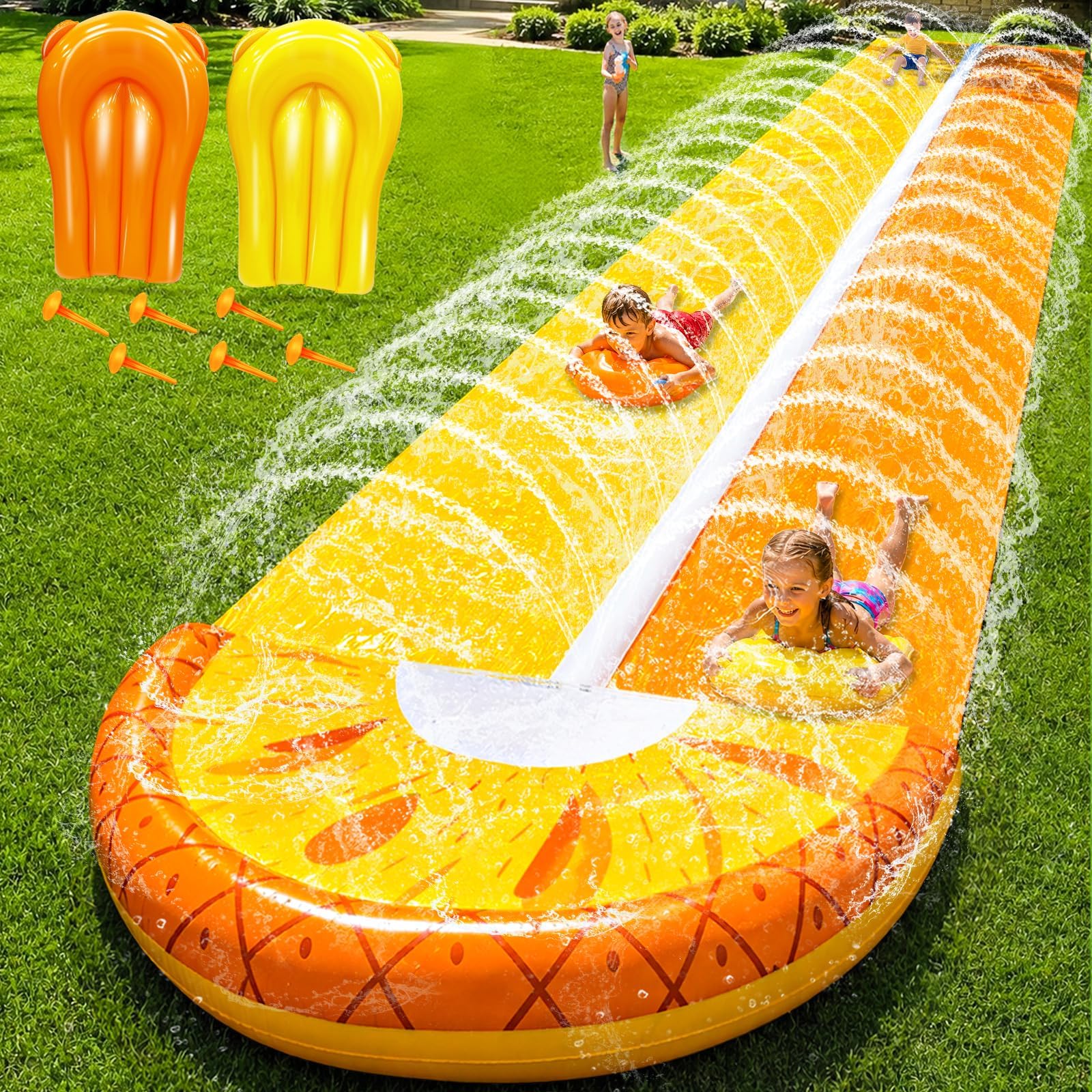 iGeeKid Pineapple 20FT Double Lawn Water Slides, Heavy Duty Water Toys Sprinkler 2 Race Lane with 2 Bodyboards for Kids Adults Backyard Outdoor Summer Beach Swimming Pool Water Game Party