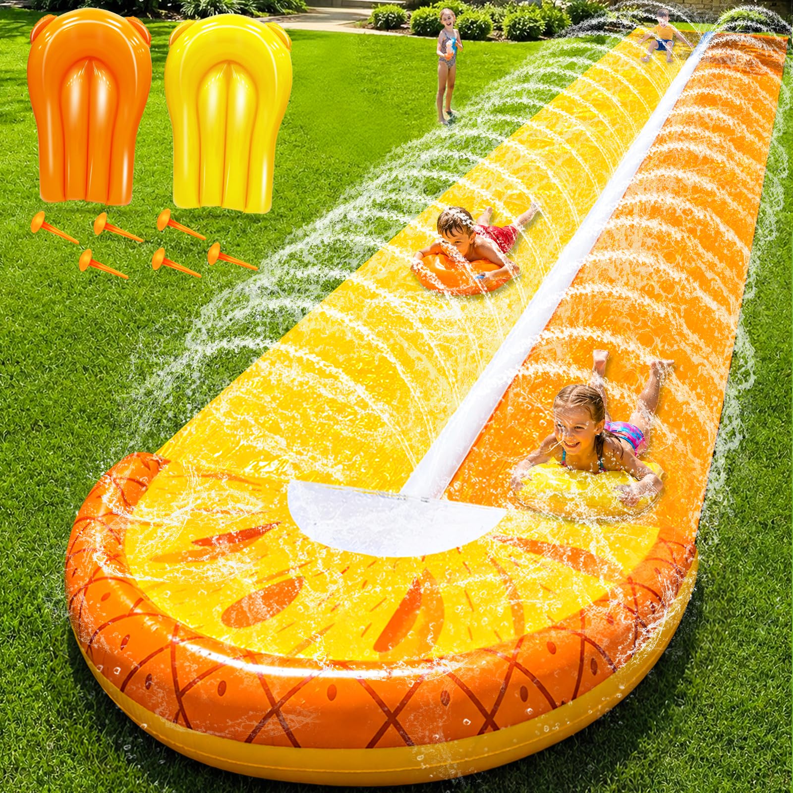 Photo 1 of iGeeKid Pineapple 20FT Double Lawn Water Slides, Heavy Duty Water Toys Sprinkler 2 Race Lane with 2 Bodyboards for Kids Adults Backyard Outdoor Summer Beach Swimming Pool Water Game Party