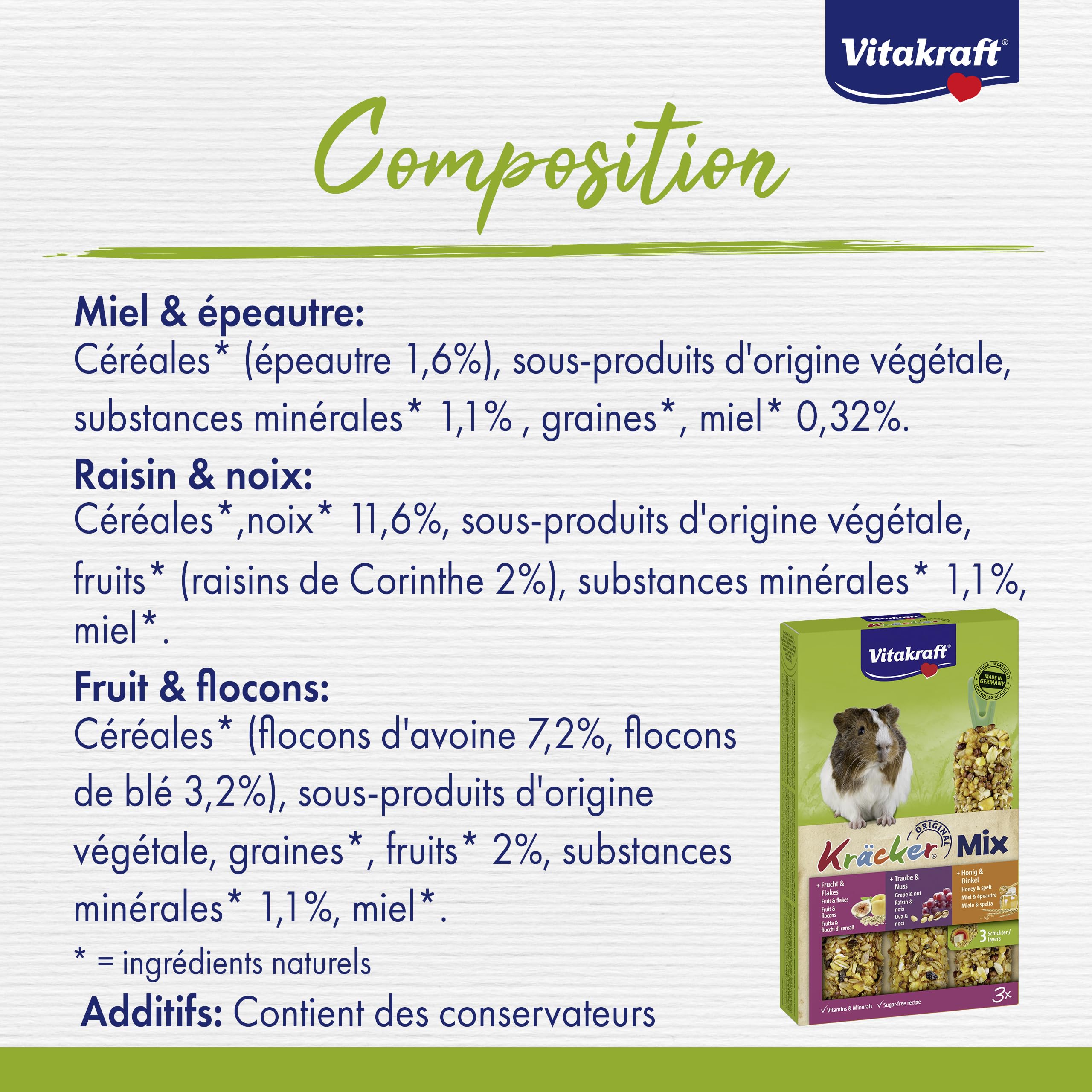 Vitakraft Kräcker Mix, alimento roditori per porcellini d'India, con miele, con noci, con frutta, senza l'aggiunta di zuccheri e cereali (1x 168g)
