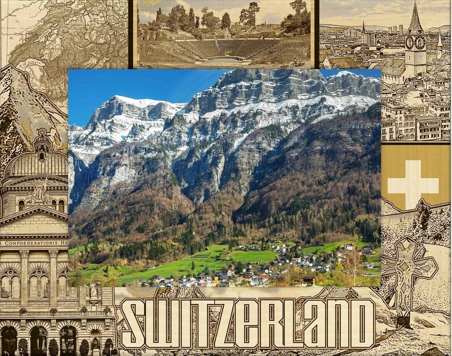Saddle Mountain Souvenir Switzerland Laser Engraved Wood Picture Frame Landscape (5 x 7)