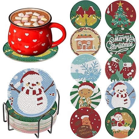Lanstics 10PCS Christmas Snowman Scratch Art Coasters Xmas Diamond Art Coasters Kit