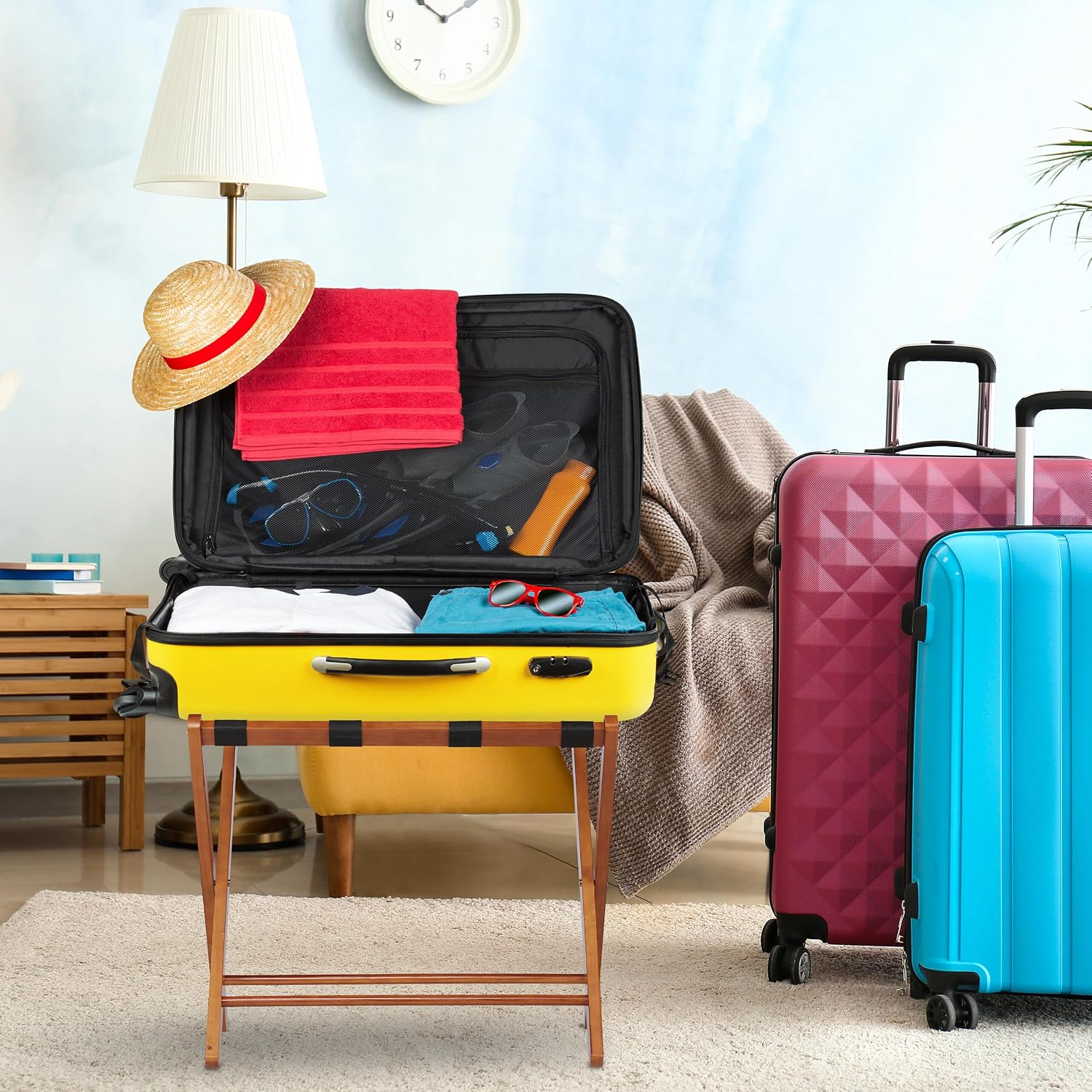 Relaxdays Luggage Stand, 80% wood, 20% plastic, Natural, 54 x 66 x 48 cm