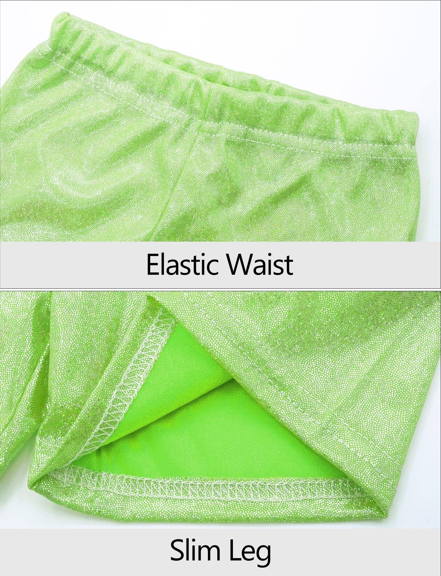 SEAUR Kids Girls Metallic Shirt with Shiny Shorts Hip Hop Tops Sequin T Shirts Modern Jazz Dance Party Costume 2 Pieces Green 12-13Y