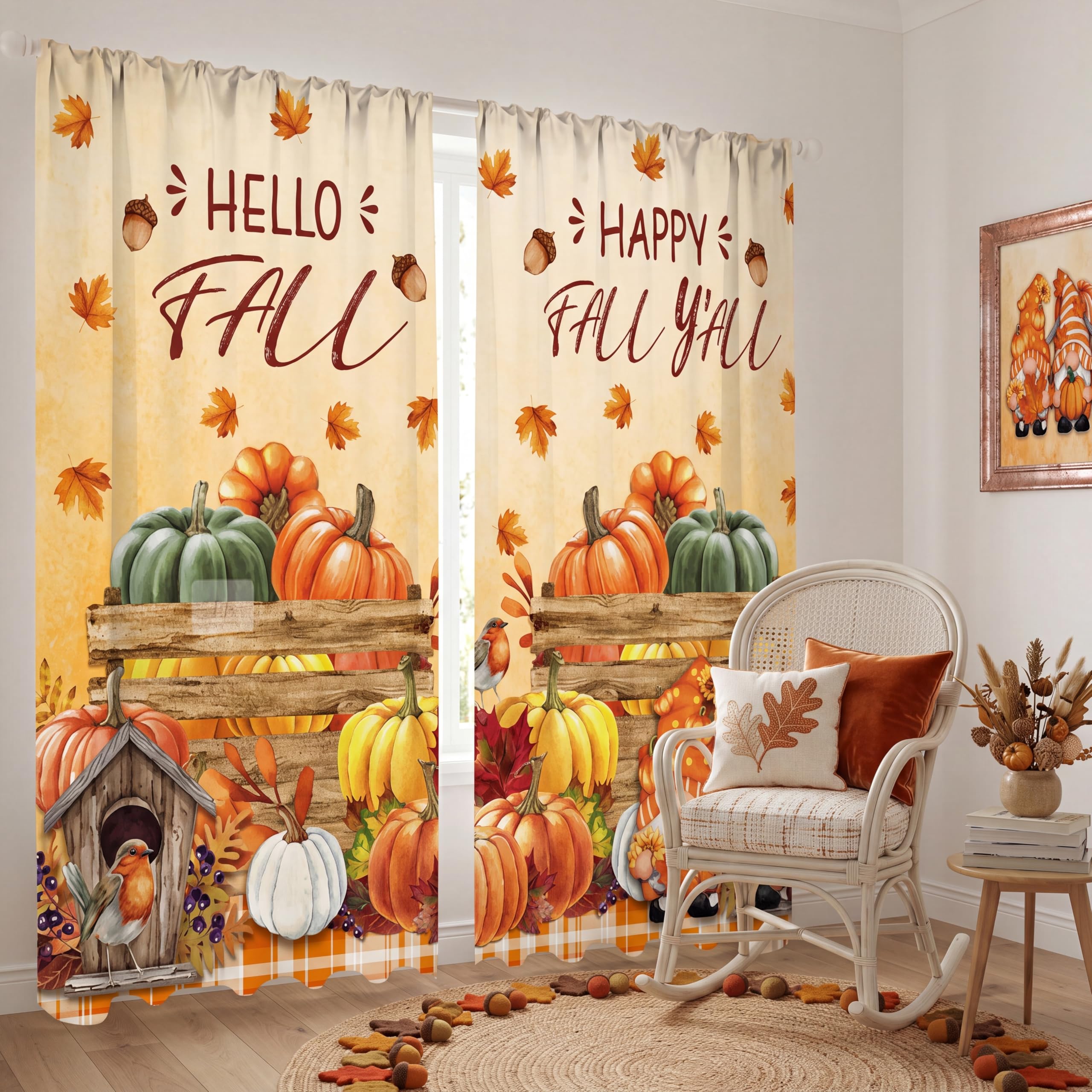 SmoothNovelty 2 Pcs Fall Curtains for Living Room Pumpkin Maple Leaf Gnome