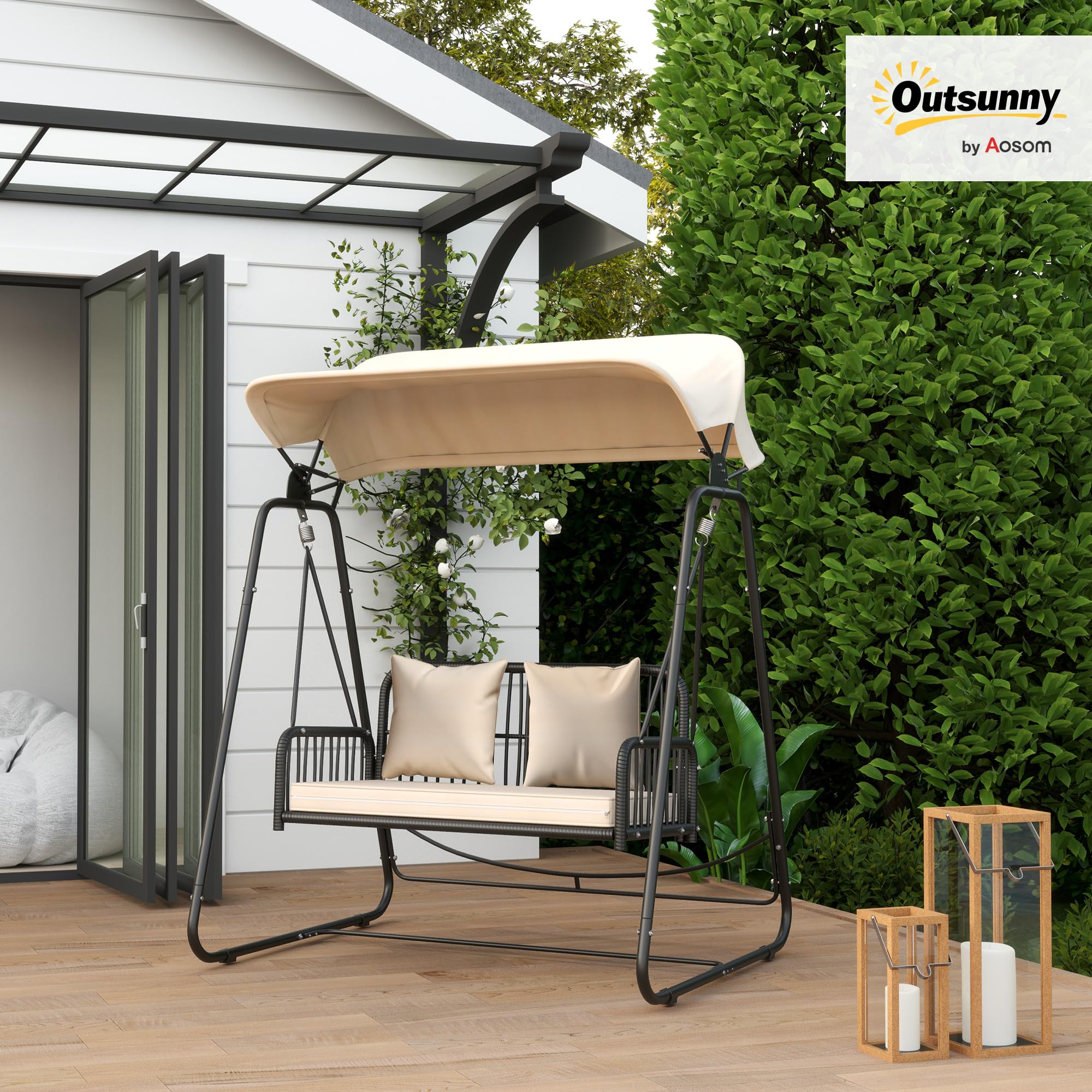 Outsunny Columpio de Jardín de 2 Plazas Balancín de Jardín Exterior con Toldo Retráctil Cojines y Estructura de Acero con Ratán PE Anti-UV para Balcón Terraza Patio Carga 240 kg 149x121x180 cm Caqui