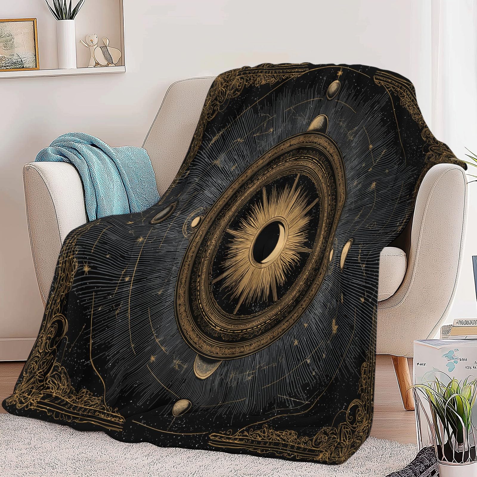 Fantasy Art Narzuta na łóżko, słońce, księżyc, gwiazdy, złote linie, pościel z nadrukiem, 221 x 239 cm, super miękki flanelowy koc na łóżko, lekki, puszysty, pluszowy, puszysty, na sofę i podróż, 220
