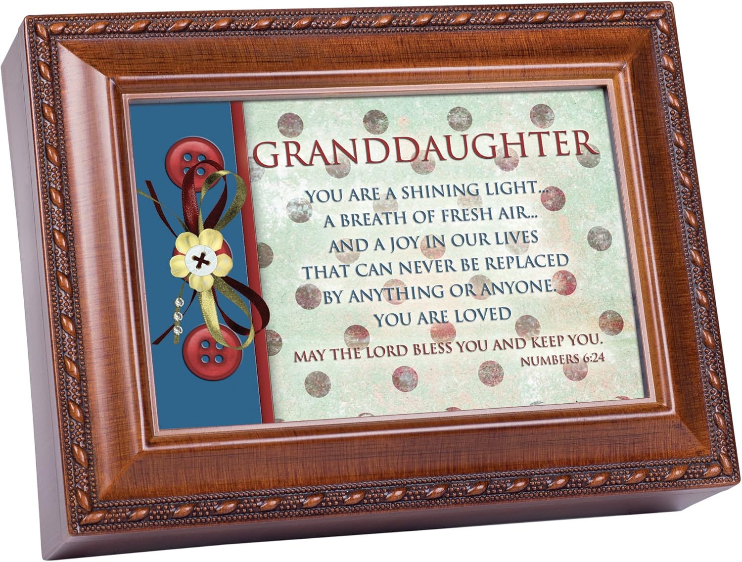 Cottage Garden Granddaughter Shining Light Woodgrain Rope Trim Jewelry Music Box Plays Jesus Loves Me