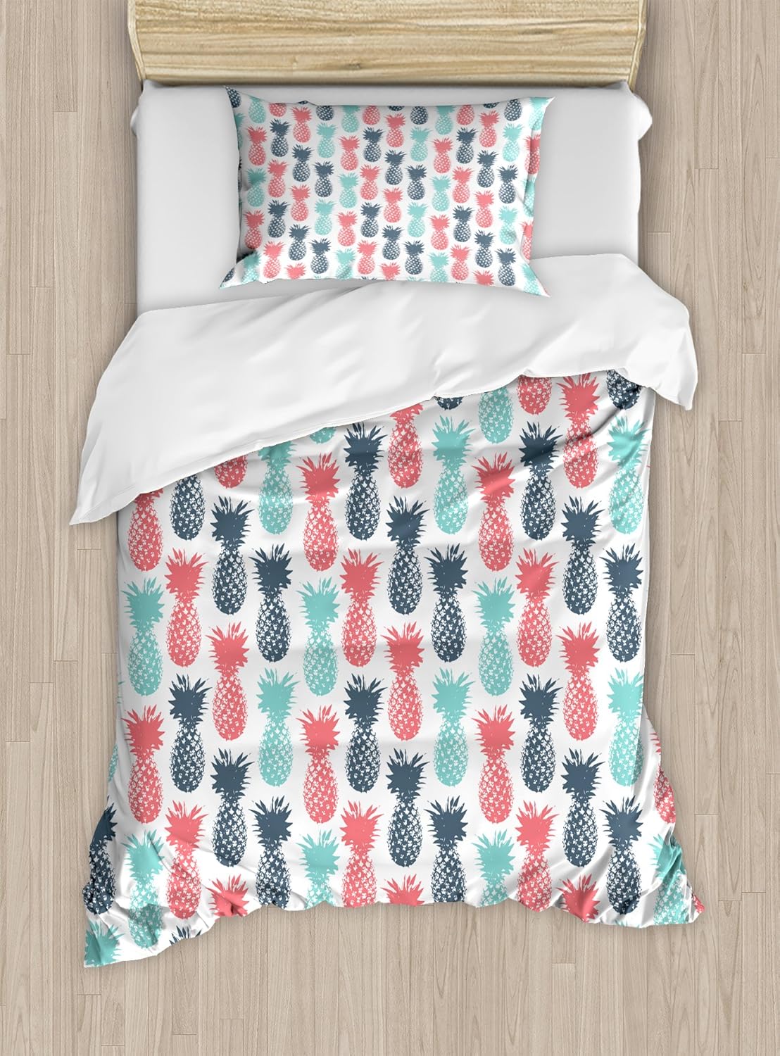 Ambesonne Pineapple Duvet Cover Set, Island Pineapple Tropic Fruit Pattern Stamped Minimal Backdrop Pop Art, Decorative 2 Piece Bedding Set with 1 Pillow Sham, Twin Size, Turquoise Coral