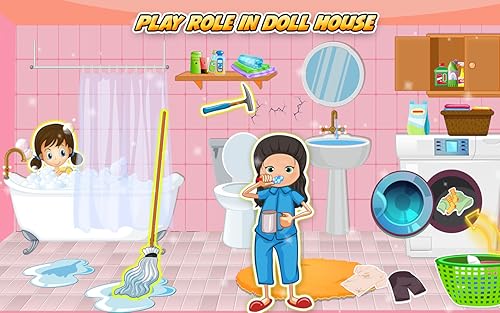 Diversão na limpeza da casa de bonecas da princesa - jogo de simulação em família para crianças
