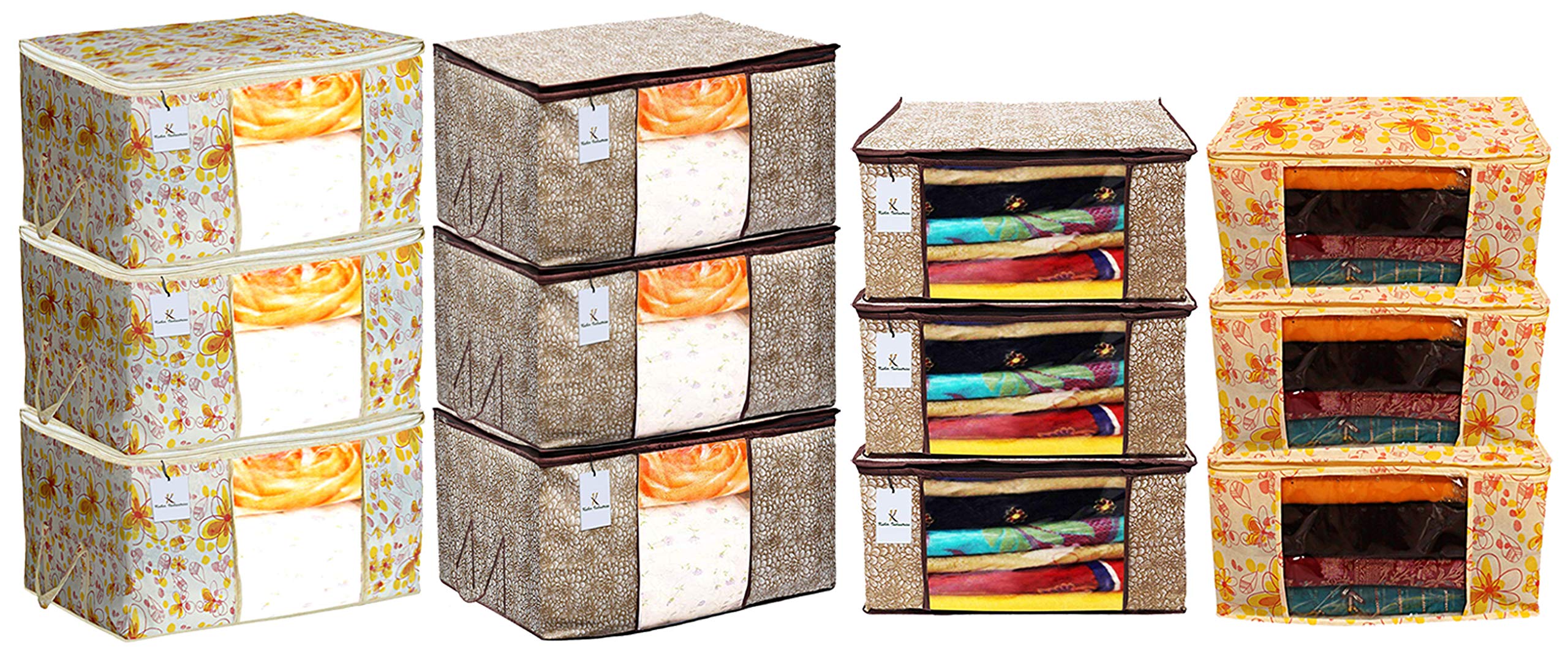 Kuber Industries Metalic Printed 6 Piece Non Woven Saree Cover And 6 Pieces Underbed Storage Bag, Storage Organiser, Blanket Cover, Ivory Red & Golden Brown -CTKTC042469