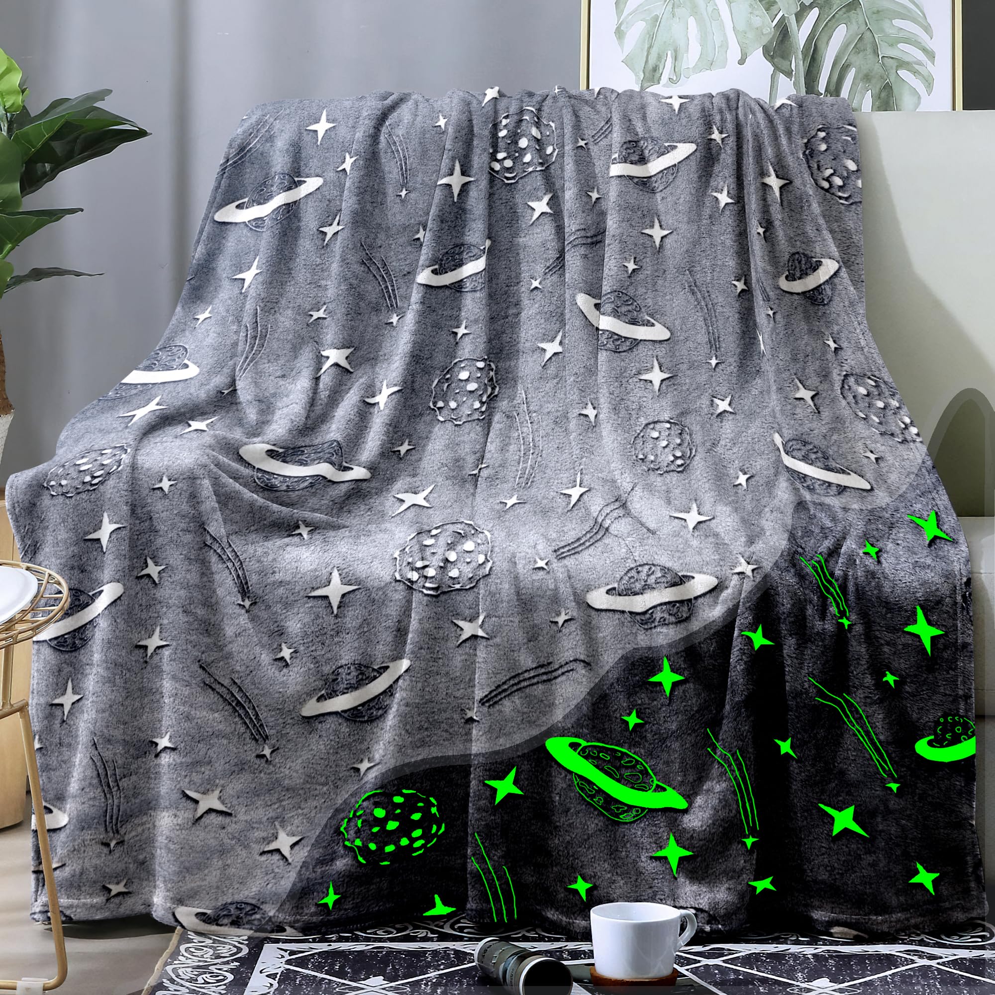 Zevrez Glow in The Dark Space Blanket Super Soft Glowing Planets and Stars Throw Lightweight Luminous Gifts Blankets for Kids Adults Couch Bed (48"x